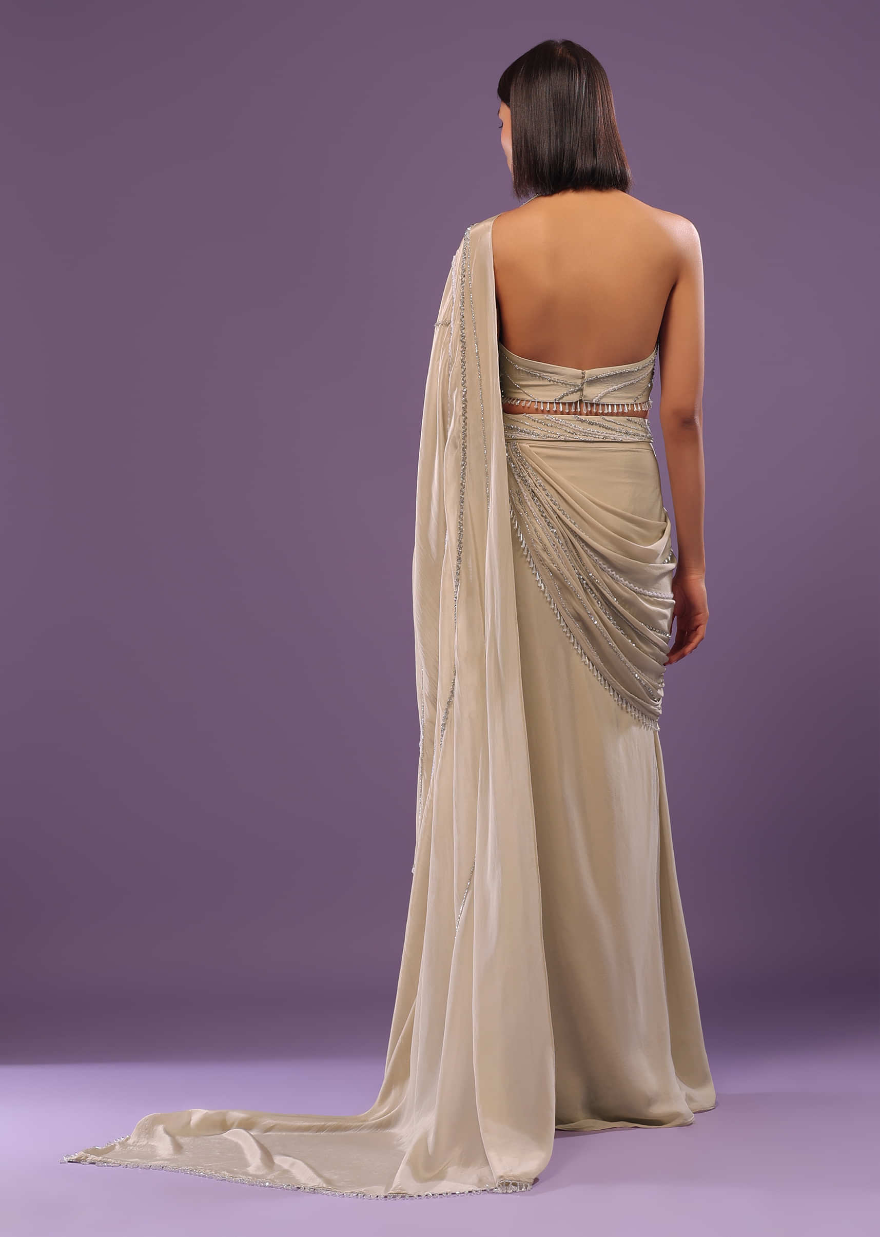 Nude White Embroidered Ready-Pleated Saree In Crepe