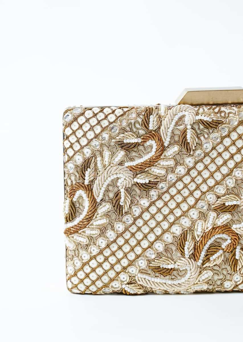 Antique Gold And White Metal Box Clutch With Hand Work On Both Sides Online - Kalki Fashion
