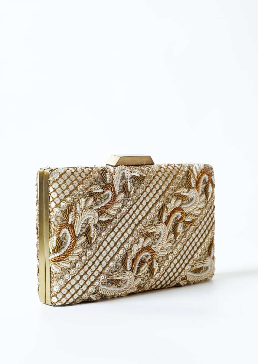 Antique Gold And White Metal Box Clutch With Hand Work On Both Sides Online - Kalki Fashion
