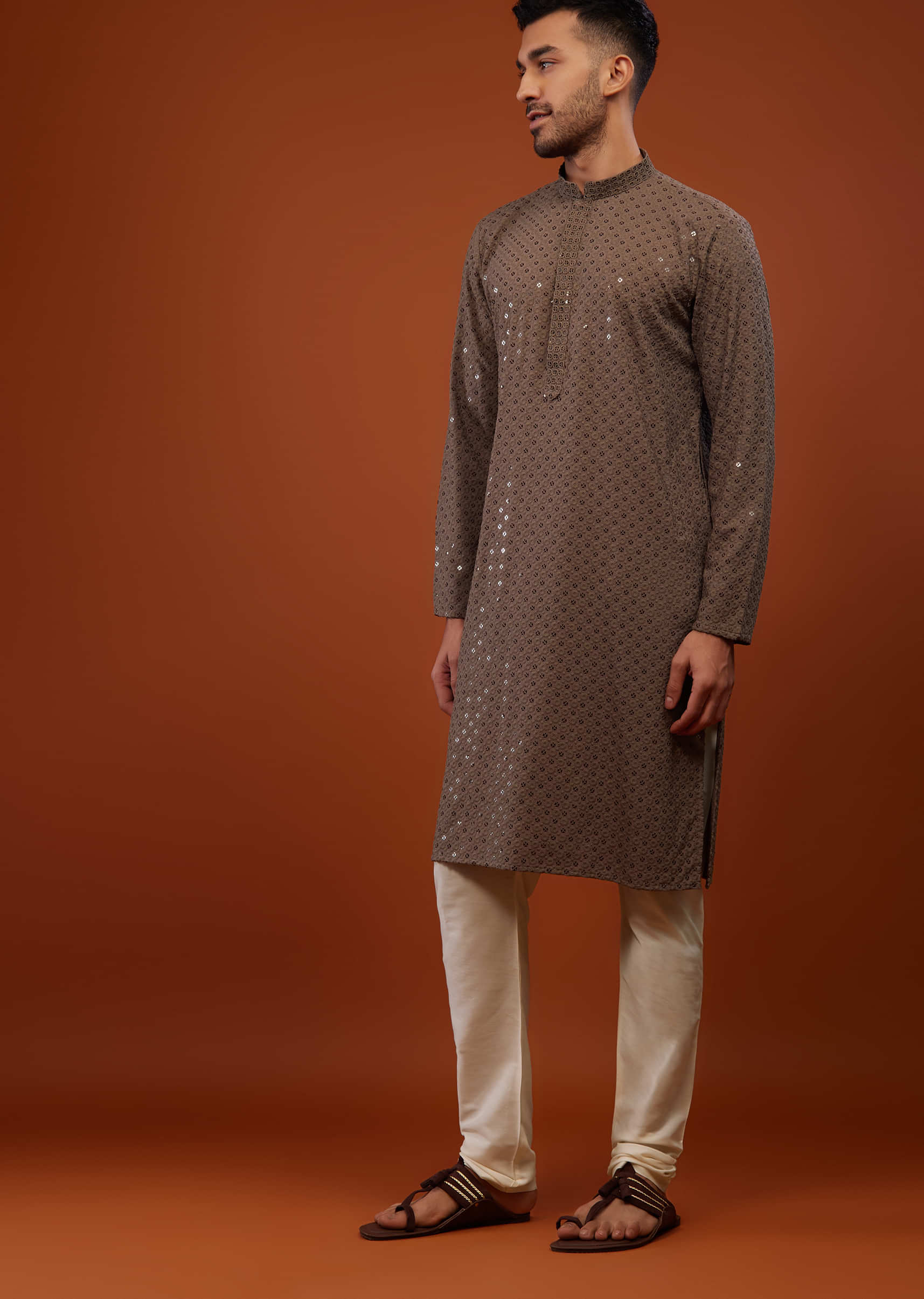 Chocolate Brown Embroidered Kurta Set In Lucknowi