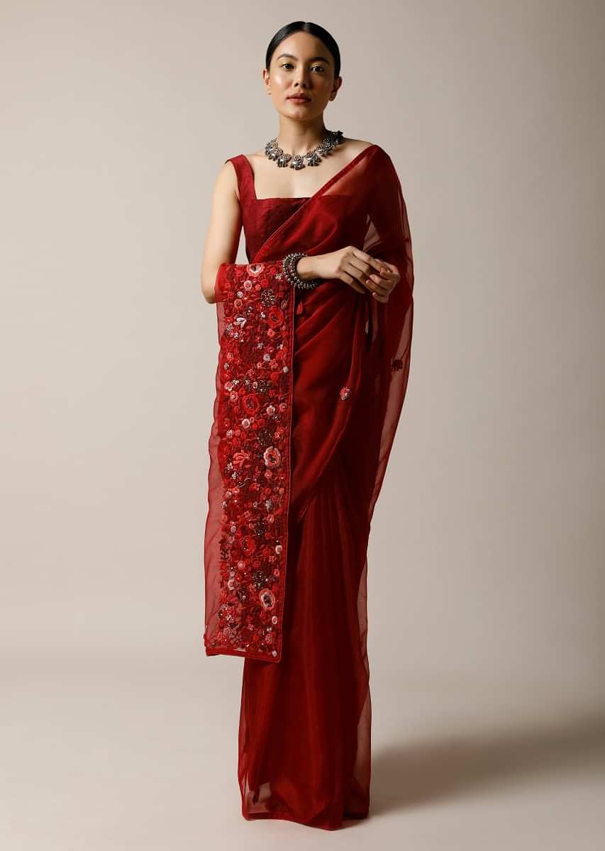 Apple Red Saree In Organza With Bud Embroidered Floral Buttis And Pallu Along With Unstitched Blouse