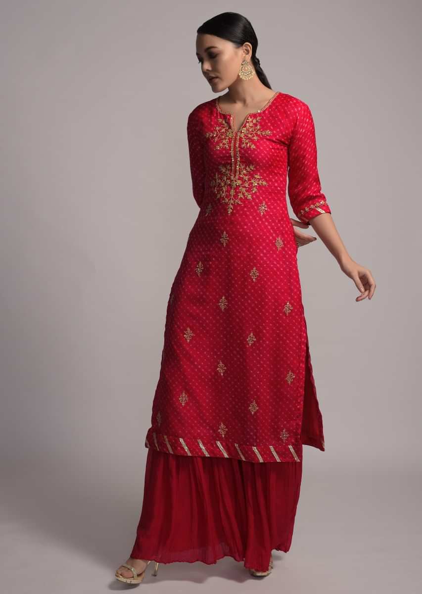 Apple Red Sharara Suit With Lehariya Print And Zari Embroidered Floral Motifs  