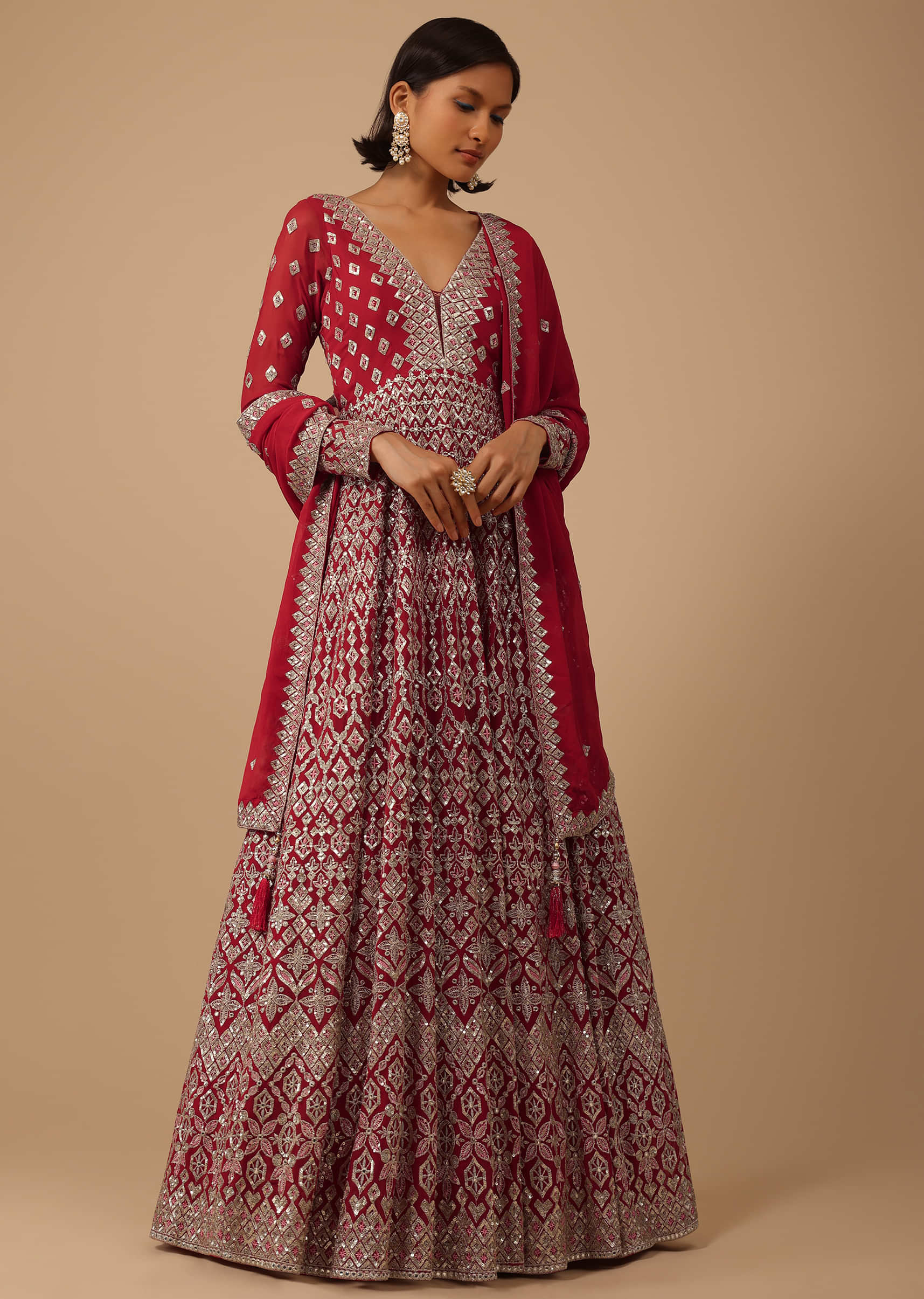 Apple Red Anarkali Suit Set In Georgette With Seqins Work All Over