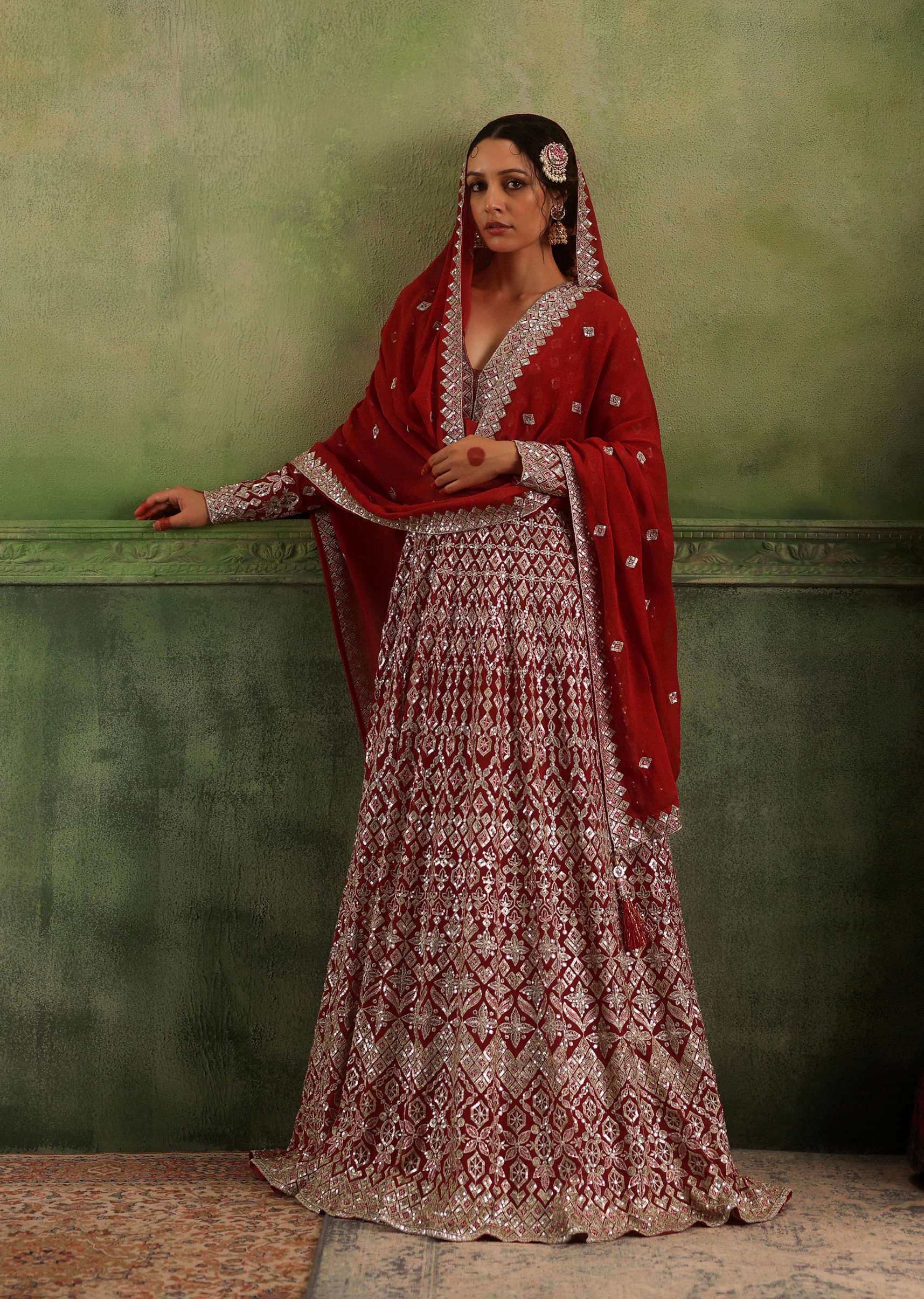 Apple Red Anarkali Suit Set In Georgette With Seqins Work All Over