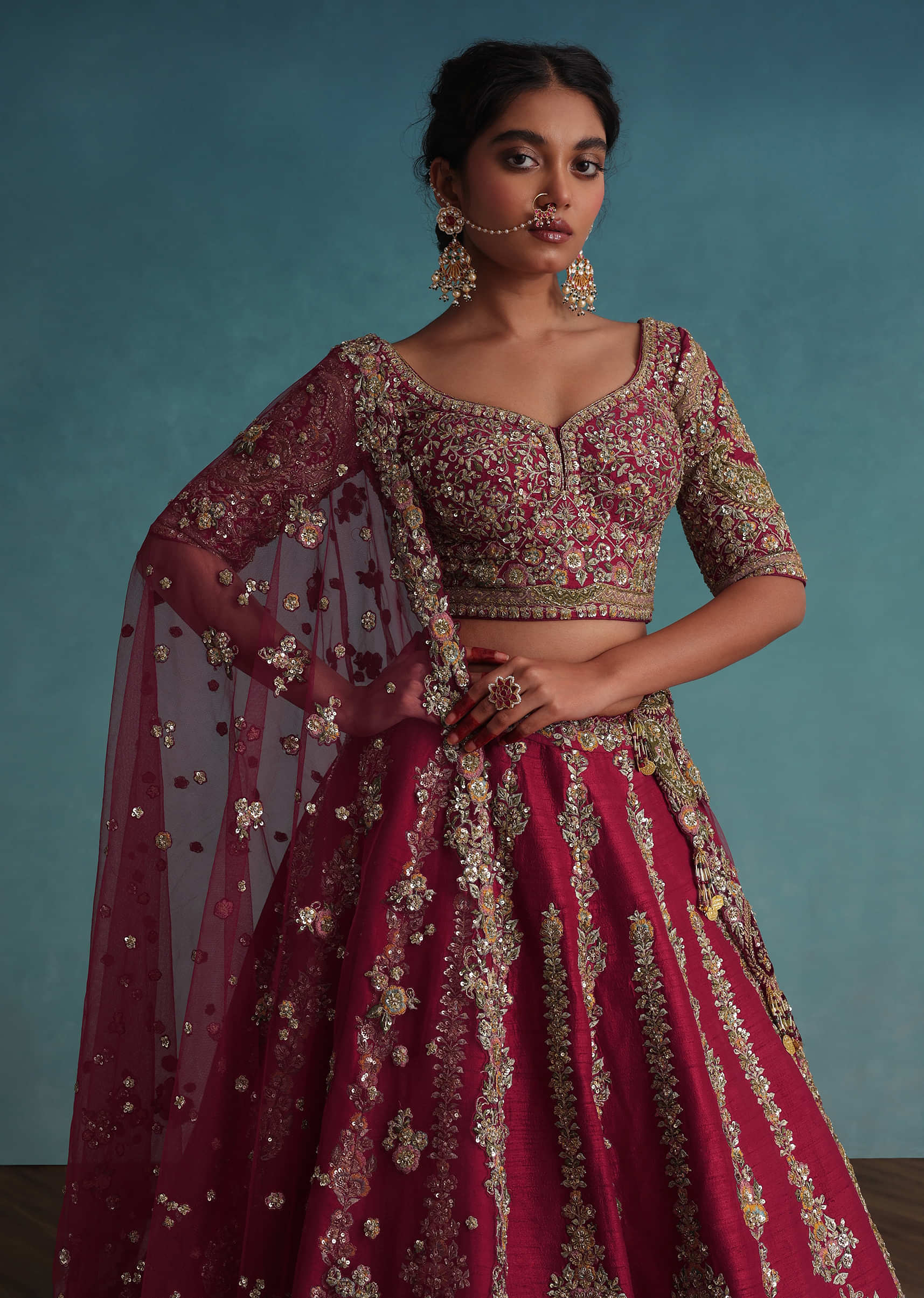 Apple Red Embroidered 16 Kali Bridal Lehenga In Raw Silk With Hand Embroidery
