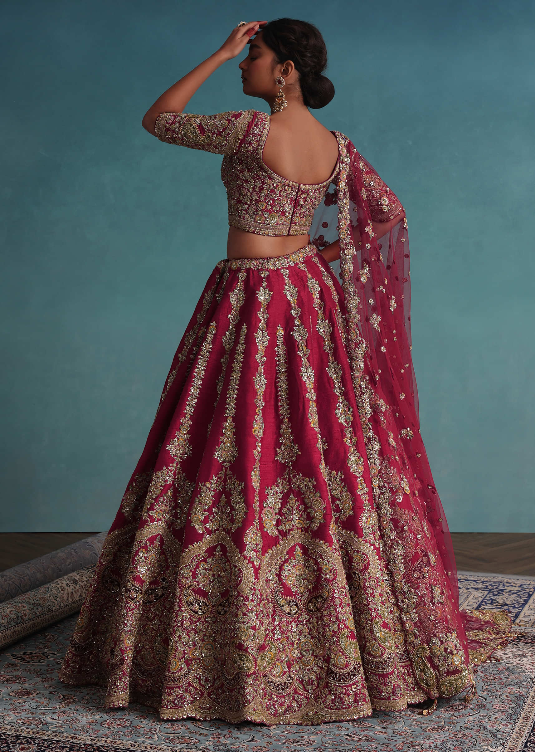 Apple Red Embroidered 16 Kali Bridal Lehenga In Raw Silk With Hand Embroidery