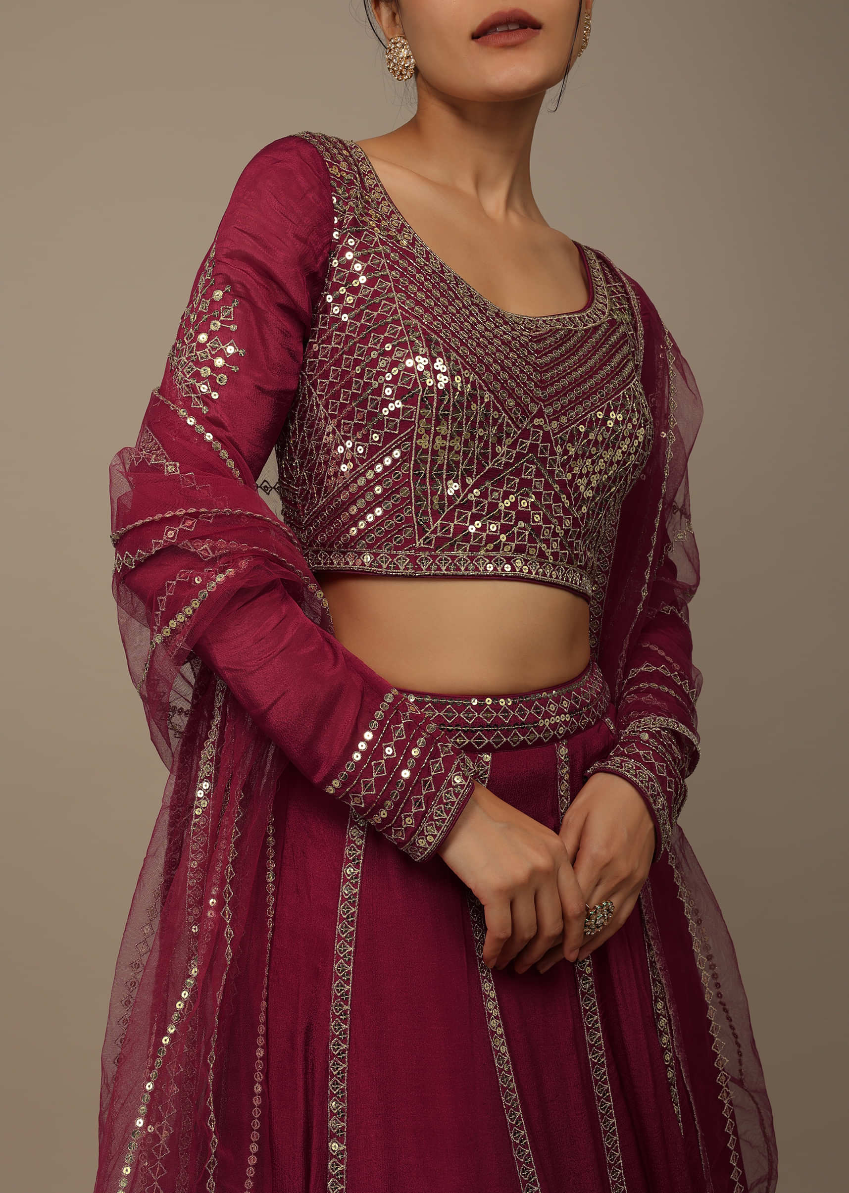 Apple Red  Sequins Embroidered Lehenga Set With Zari And Cut Dana In Chinon