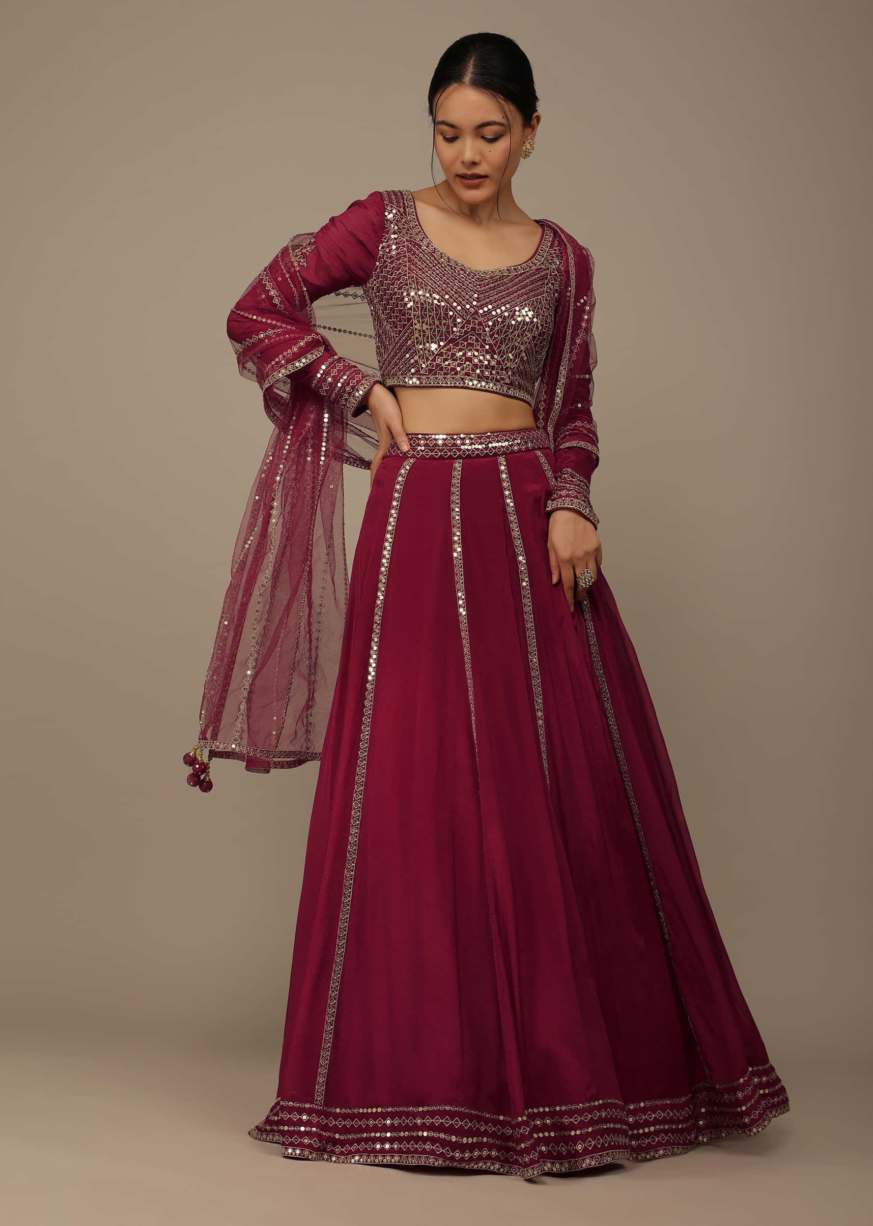 Apple Red  Sequins Embroidered Lehenga Set With Zari And Cut Dana In Chinon