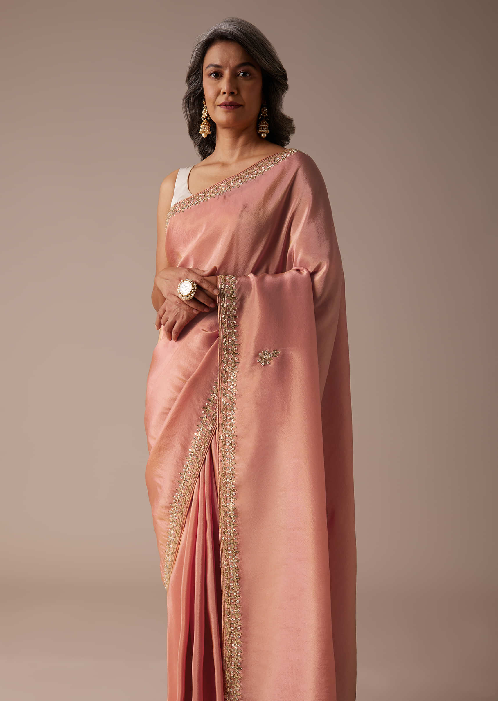 Apricot Blush Saree In Dupion Silk With Gotta Patti Embroidered Floral Buttis And Border Design  