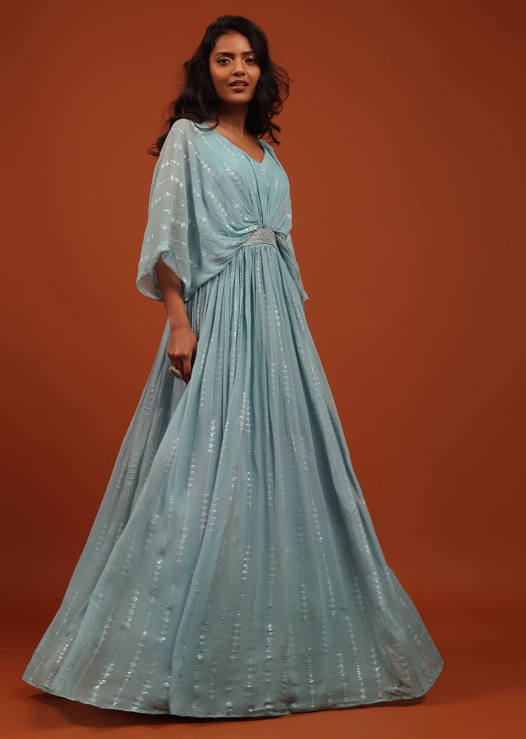 Aquatic Blue Thread And Sequins Embroidered Georgette Kaftan Gown