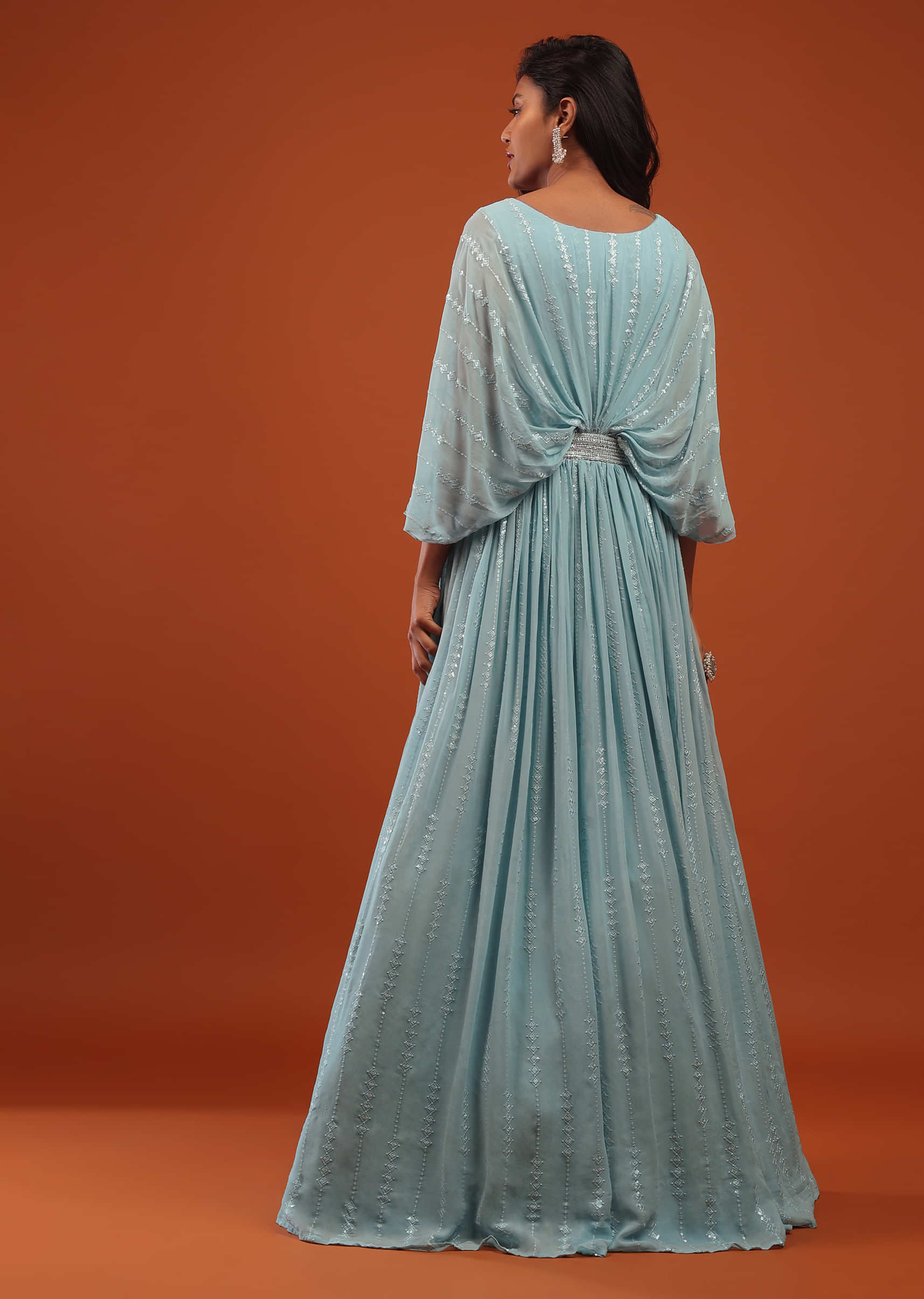 Aquatic Blue Thread And Sequins Embroidered Georgette Kaftan Gown