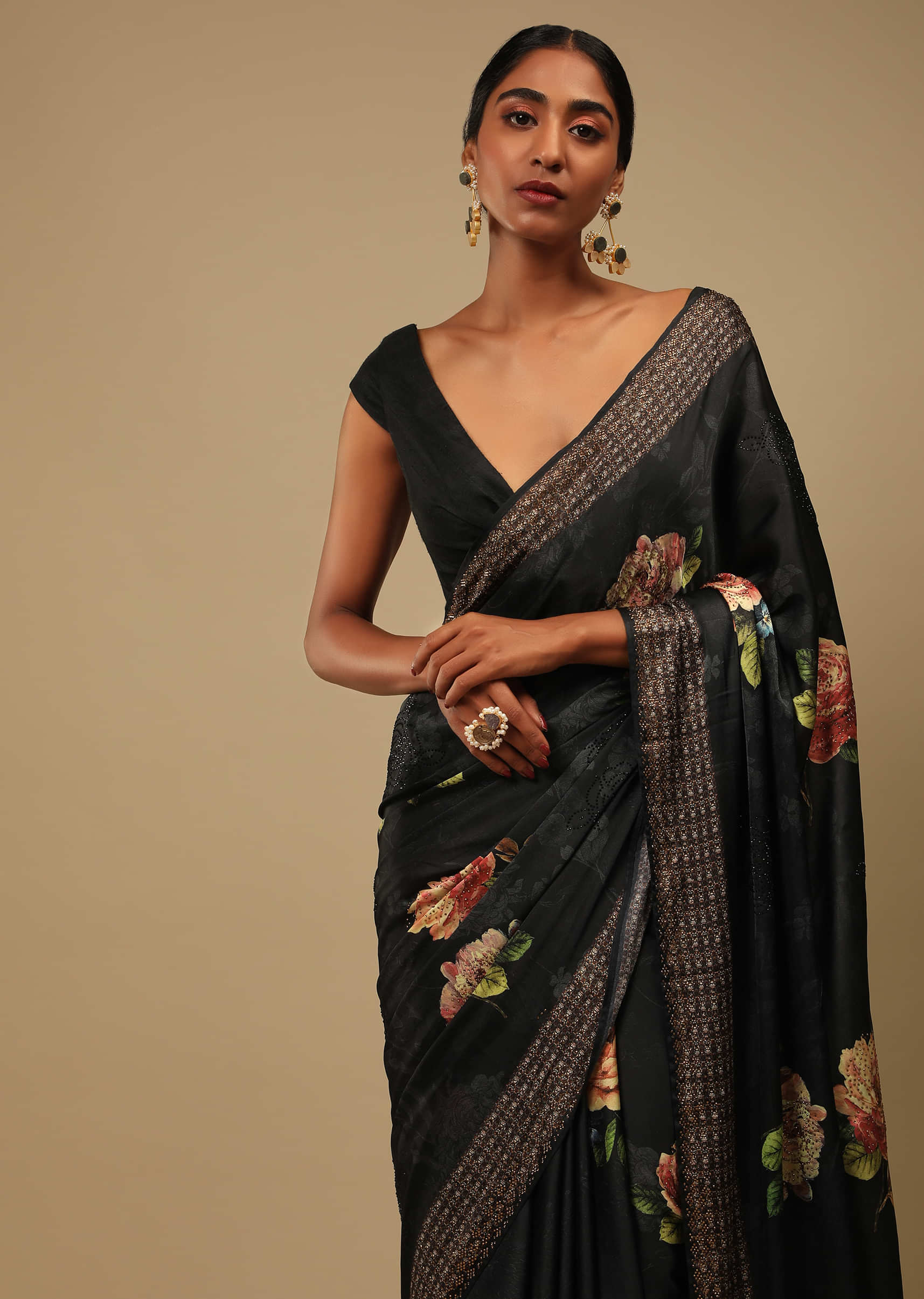 Ash Black Saree In Satin Crepe With Rose Print And Kundan Detailed Border Along With Unstitched Blouse  