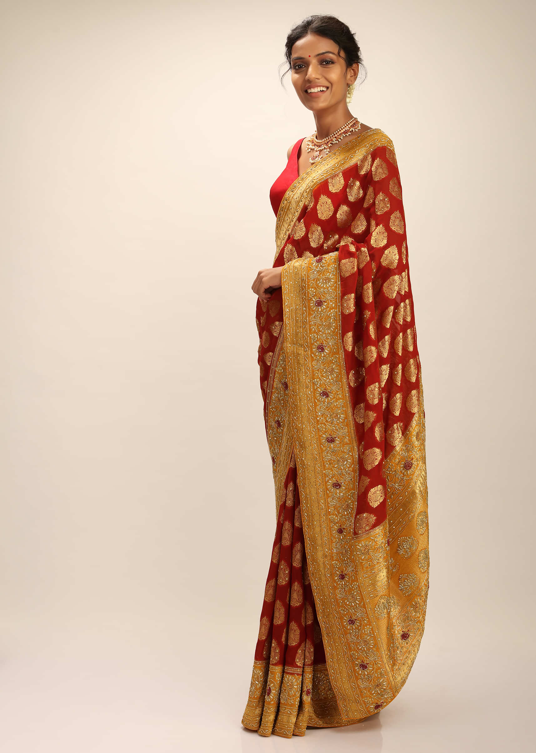 Auburn Red Banarasi Saree In Georgette With Woven Buttis And Zardosi Embroidery Detailing  