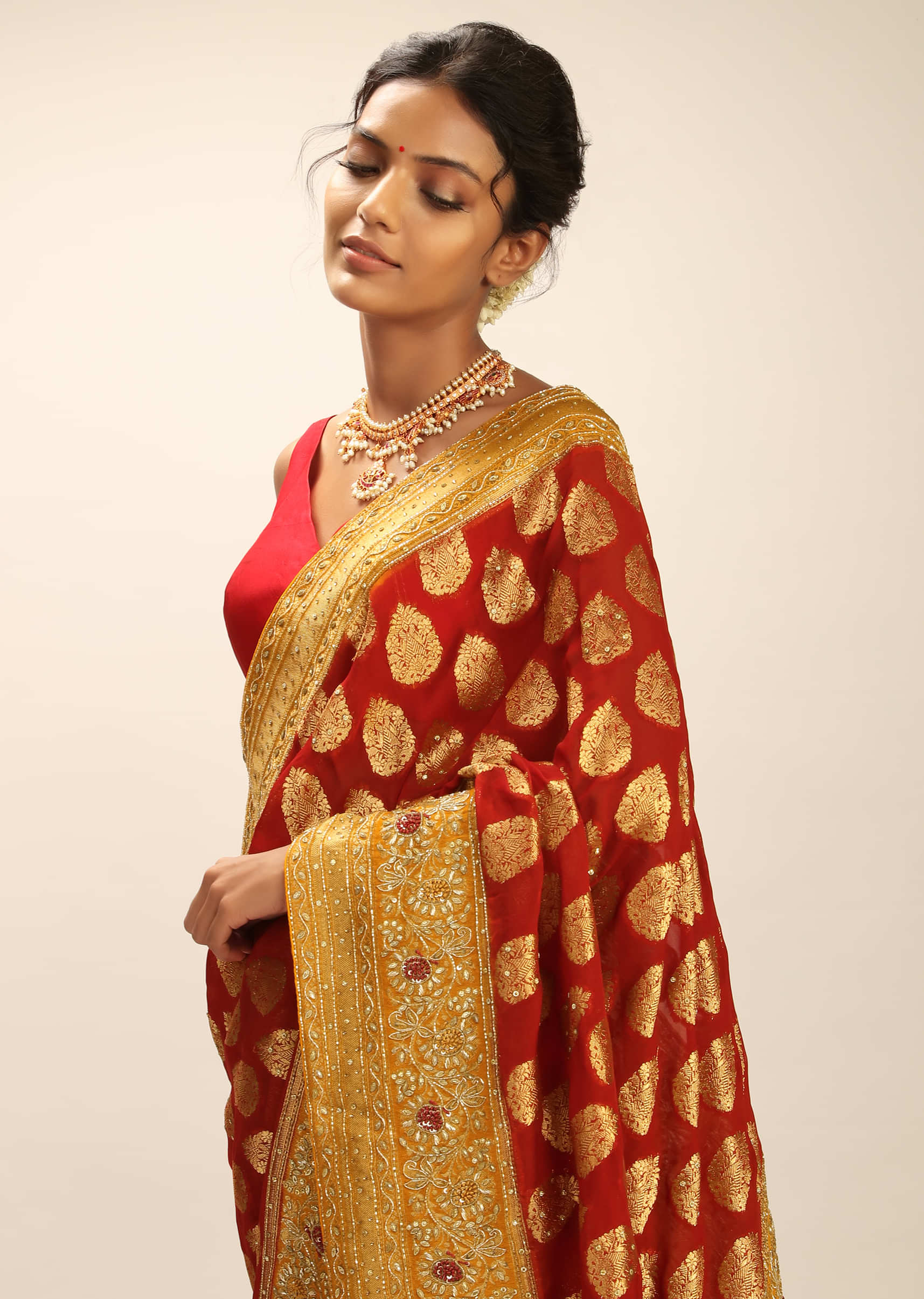 Auburn Red Banarasi Saree In Georgette With Woven Buttis And Zardosi Embroidery Detailing  