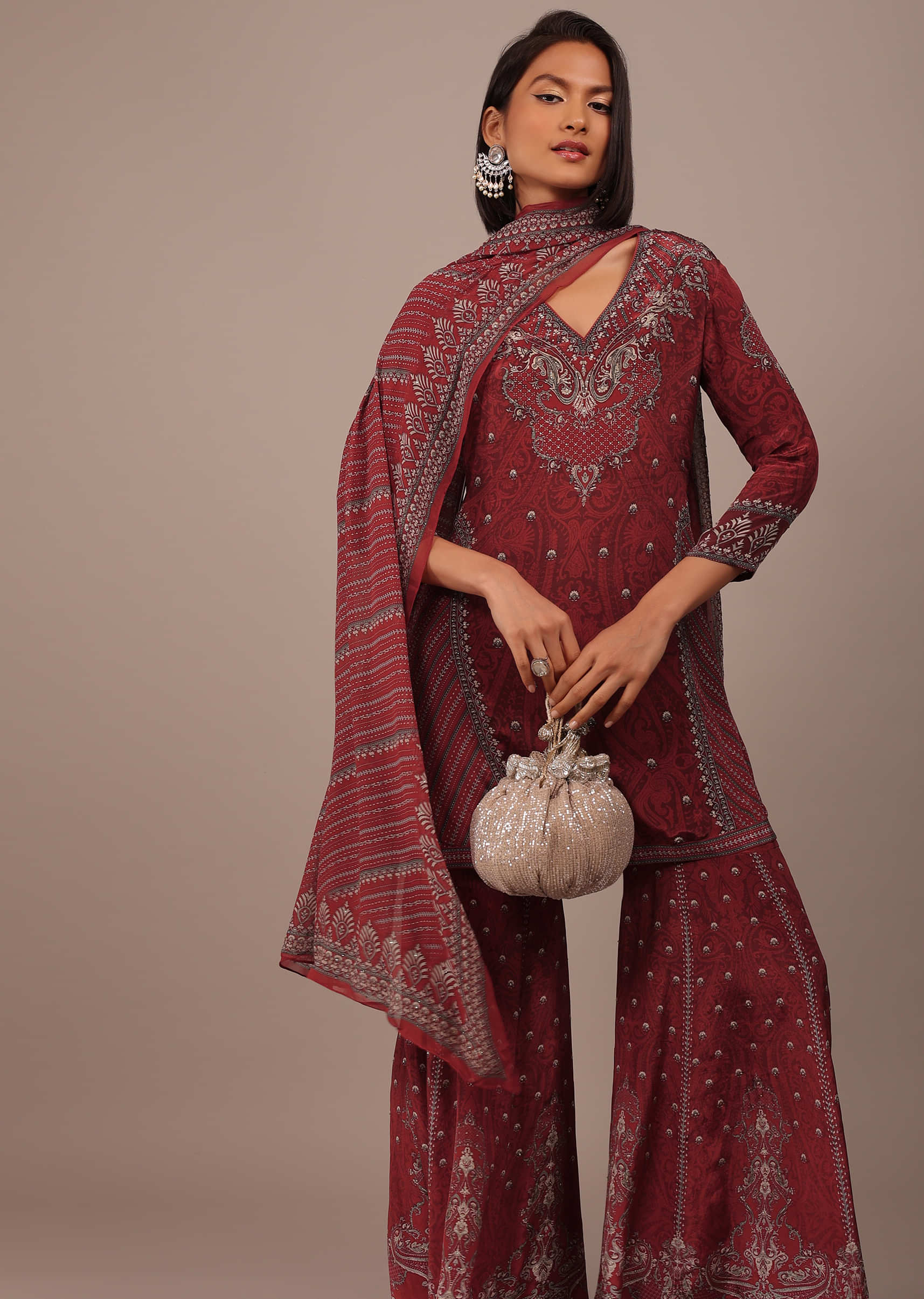 Brick Red Printed Sharara Suit With Stonework In Crepe
