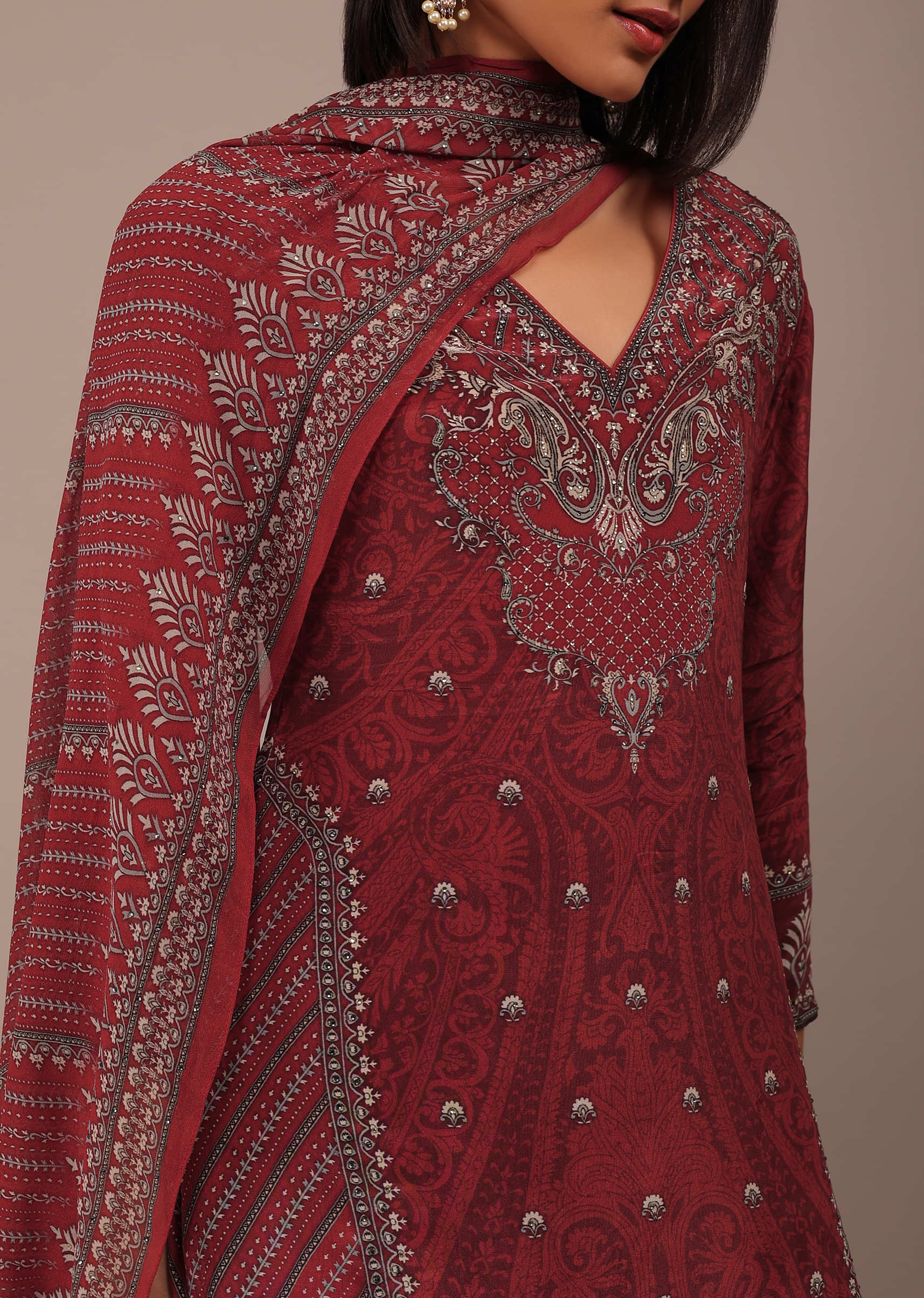 Brick Red Printed Sharara Suit With Stonework In Crepe