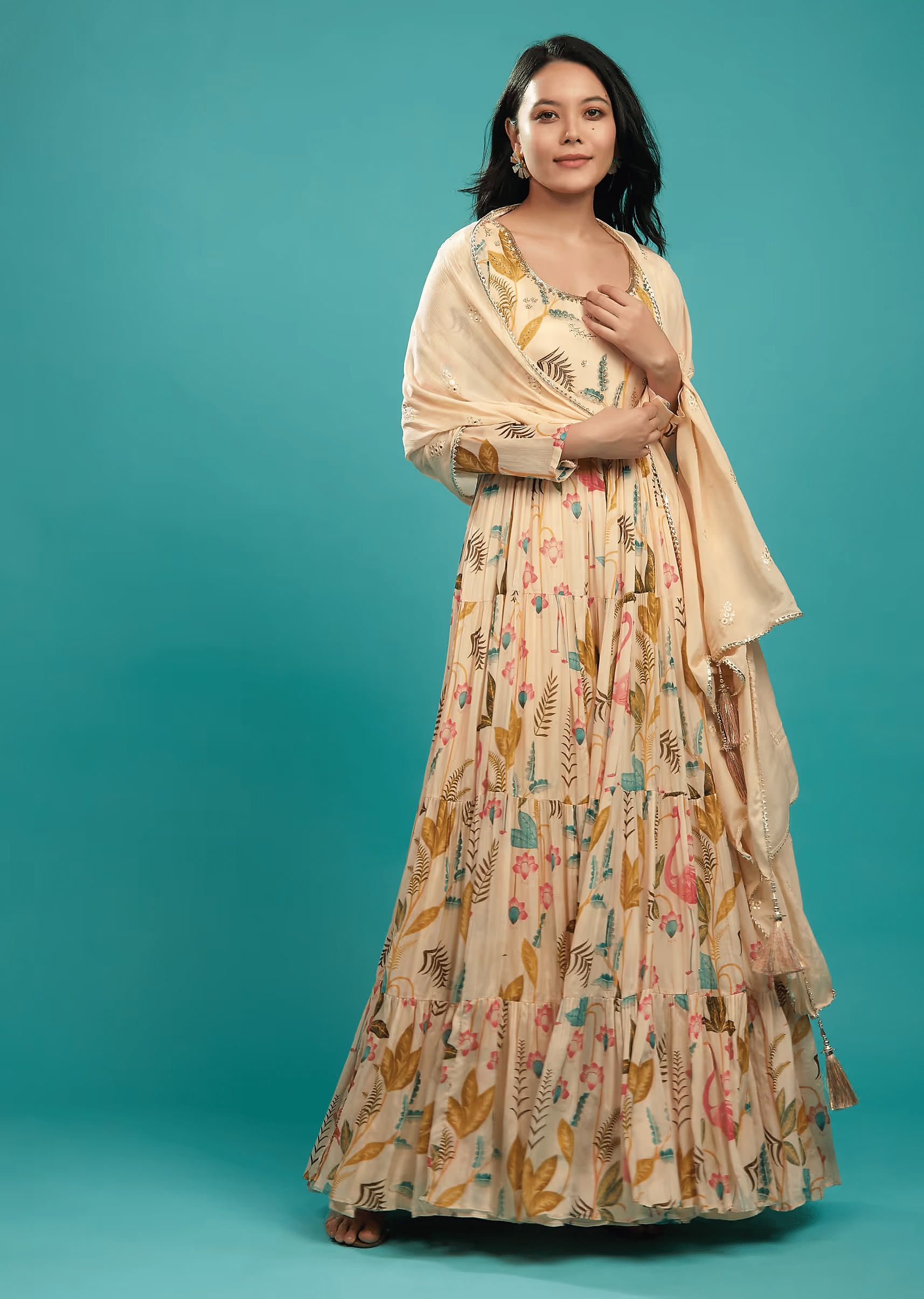 Champagne Brown Chinon Tiered Floral Anarkali SuitC