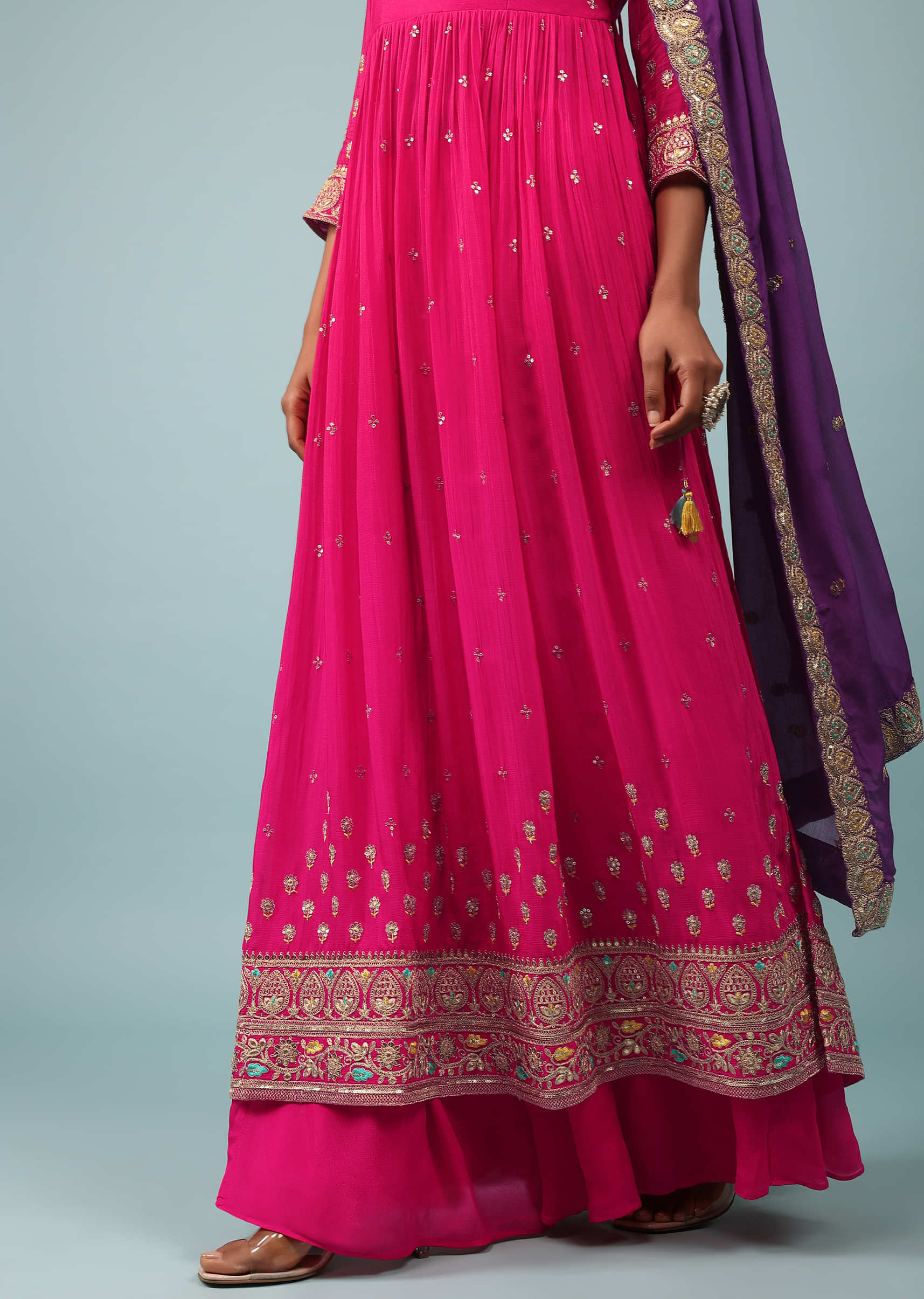 Azalea Pink Embroidered Palazzo Suit In Chinon