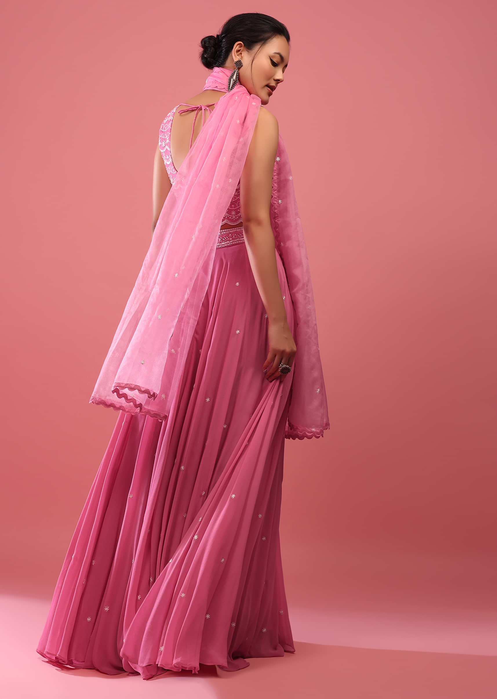 Azalea Pink Lehenga In Georgette With Fully Embroidered Blouse And Organza Dupatta