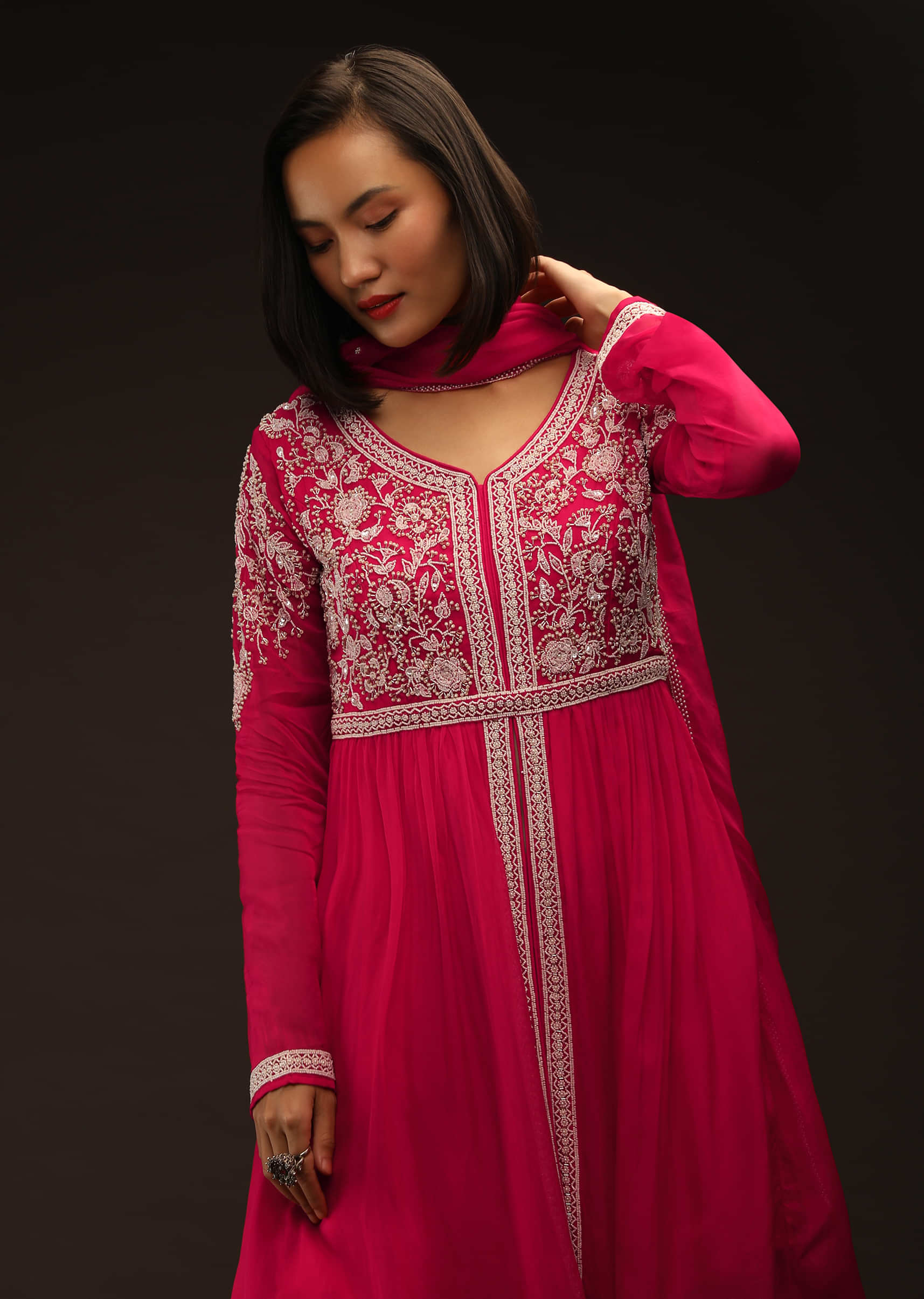 Azalea Pink Sharara And Peplum Suit With Moti And Sequins Embroidered Floral Design And Bell Sleeves