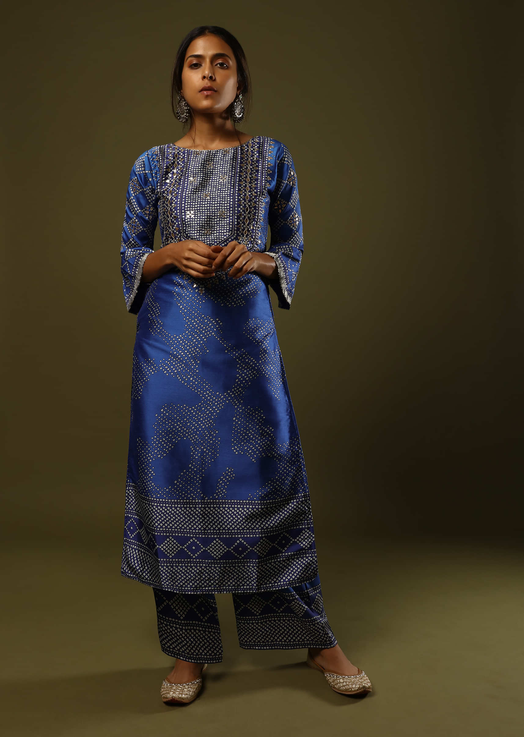 Azure Blue Palazzo Suit In Silk With Digital Printed Bandhani Motif And Foil Work  