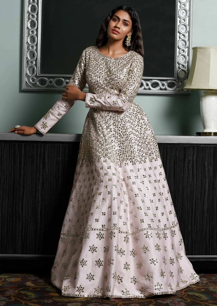 Baby Pink Anarkali Suit In Cotton Silk With Mirror Abla And Zari Work  