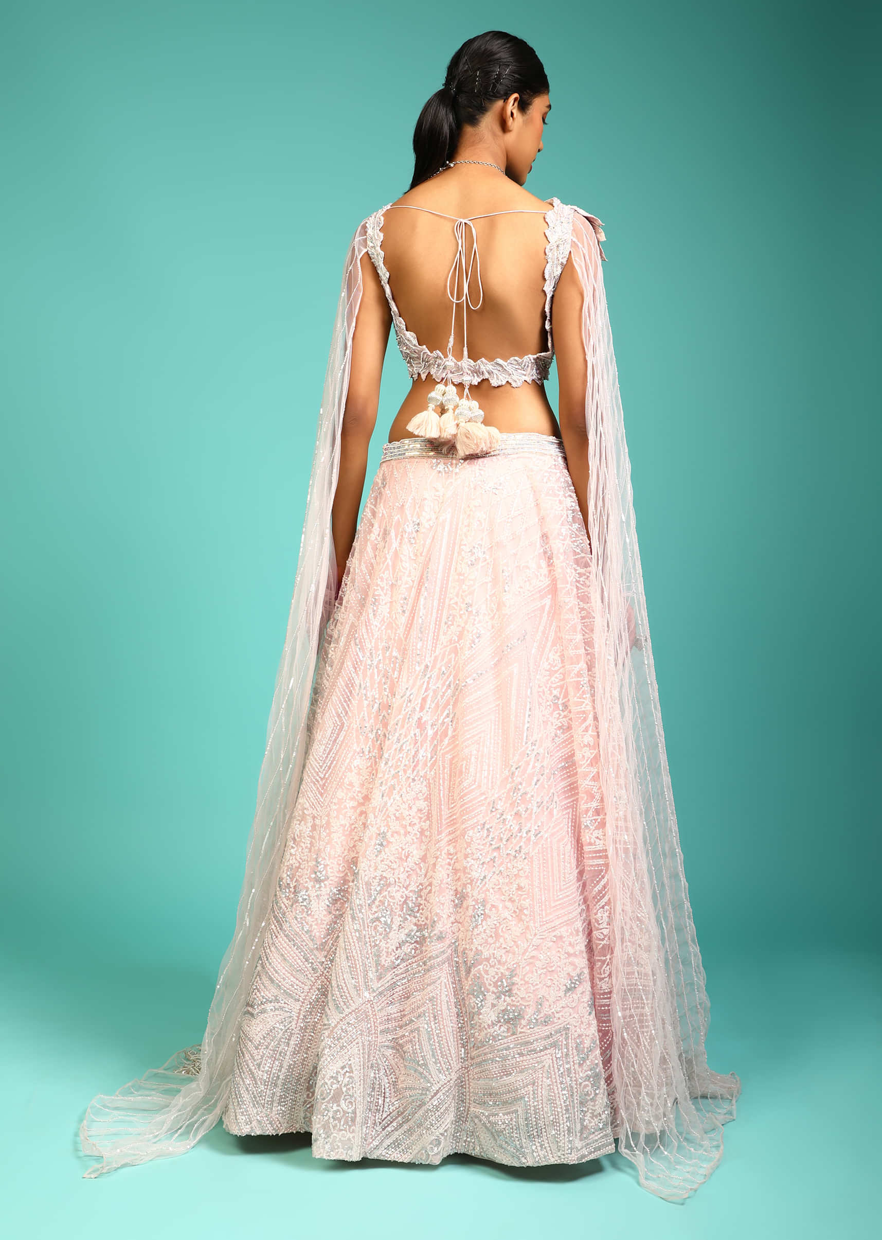 Baby Pink Lehenga Choli With Sequins Embroidered 3D Patch On The Shoulder And Long Floor Length Sleeves 