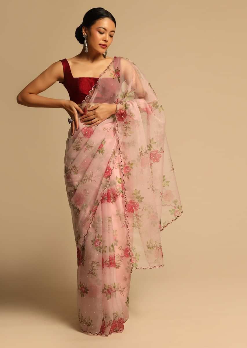 Baby Pink Saree In Organza With Floral Print All Over And Scalloped Resham Border Along With Unstitched Blouse