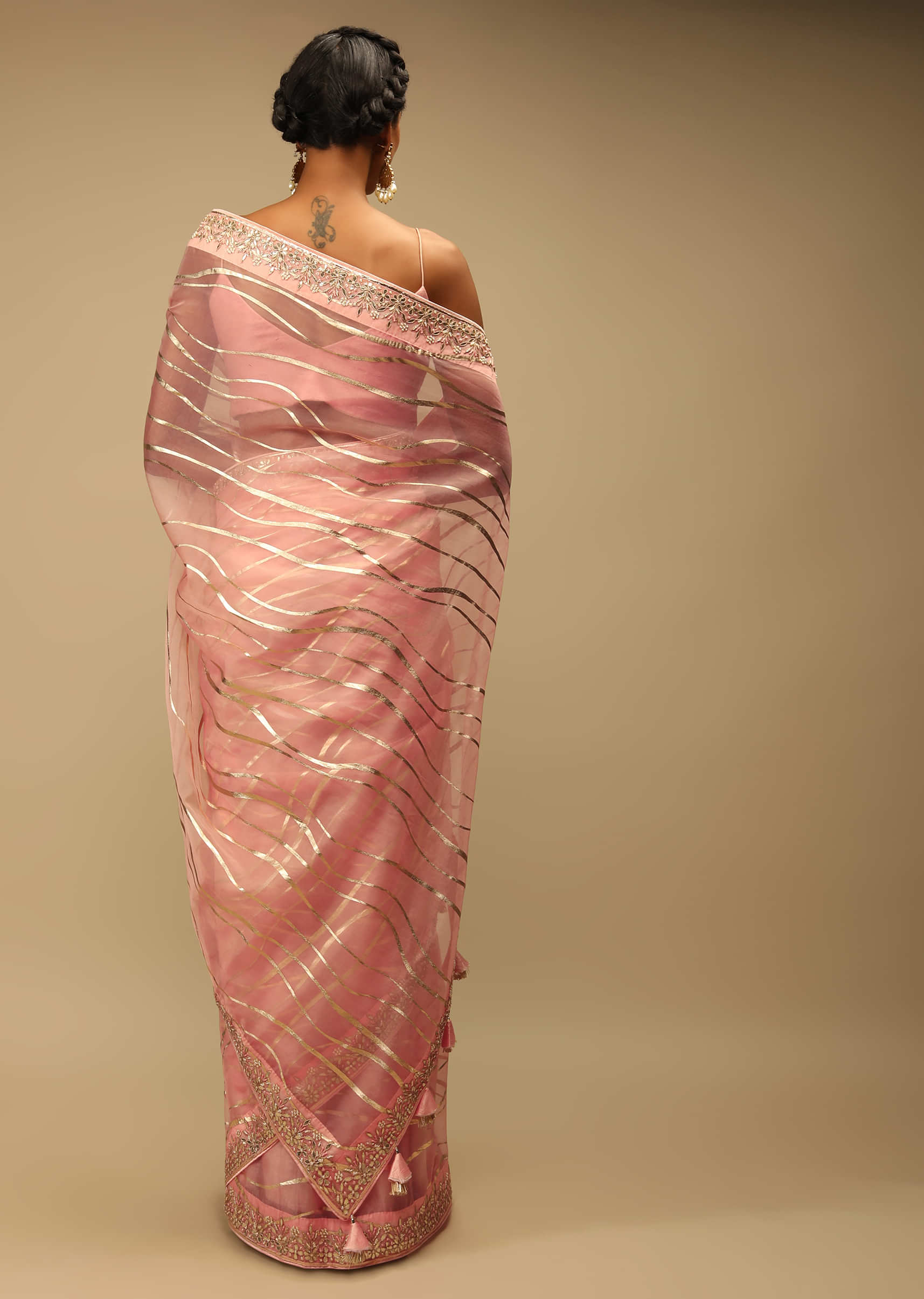 Peach Pink Saree In Organza With Foil Printed Wave Design And Gotta Border
