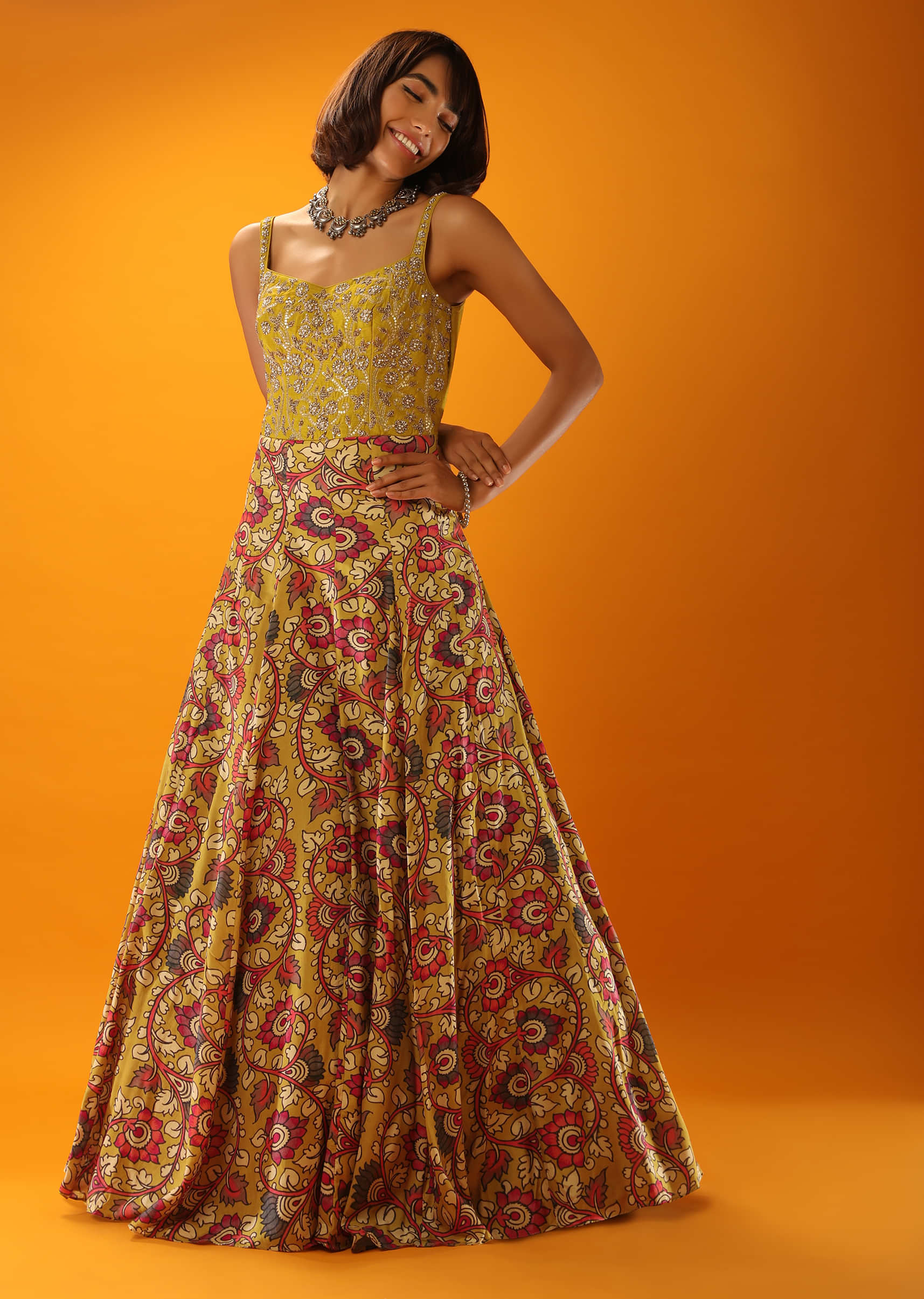 Bamboo Yellow Anarkali Dress In Silk With Floral Print And Moti Accented Bodice  