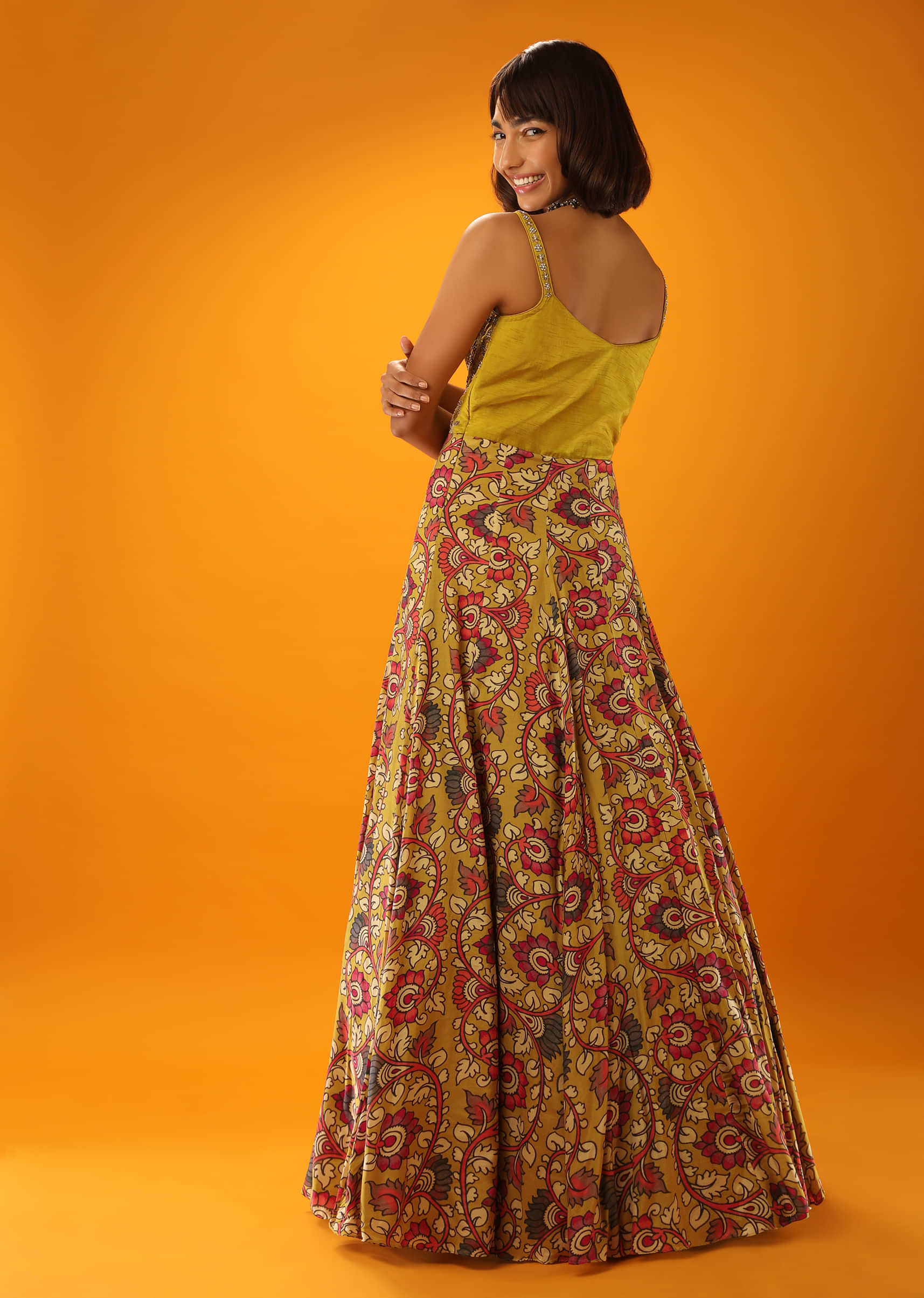 Bamboo Yellow Anarkali Dress In Silk With Floral Print And Moti Accented Bodice  