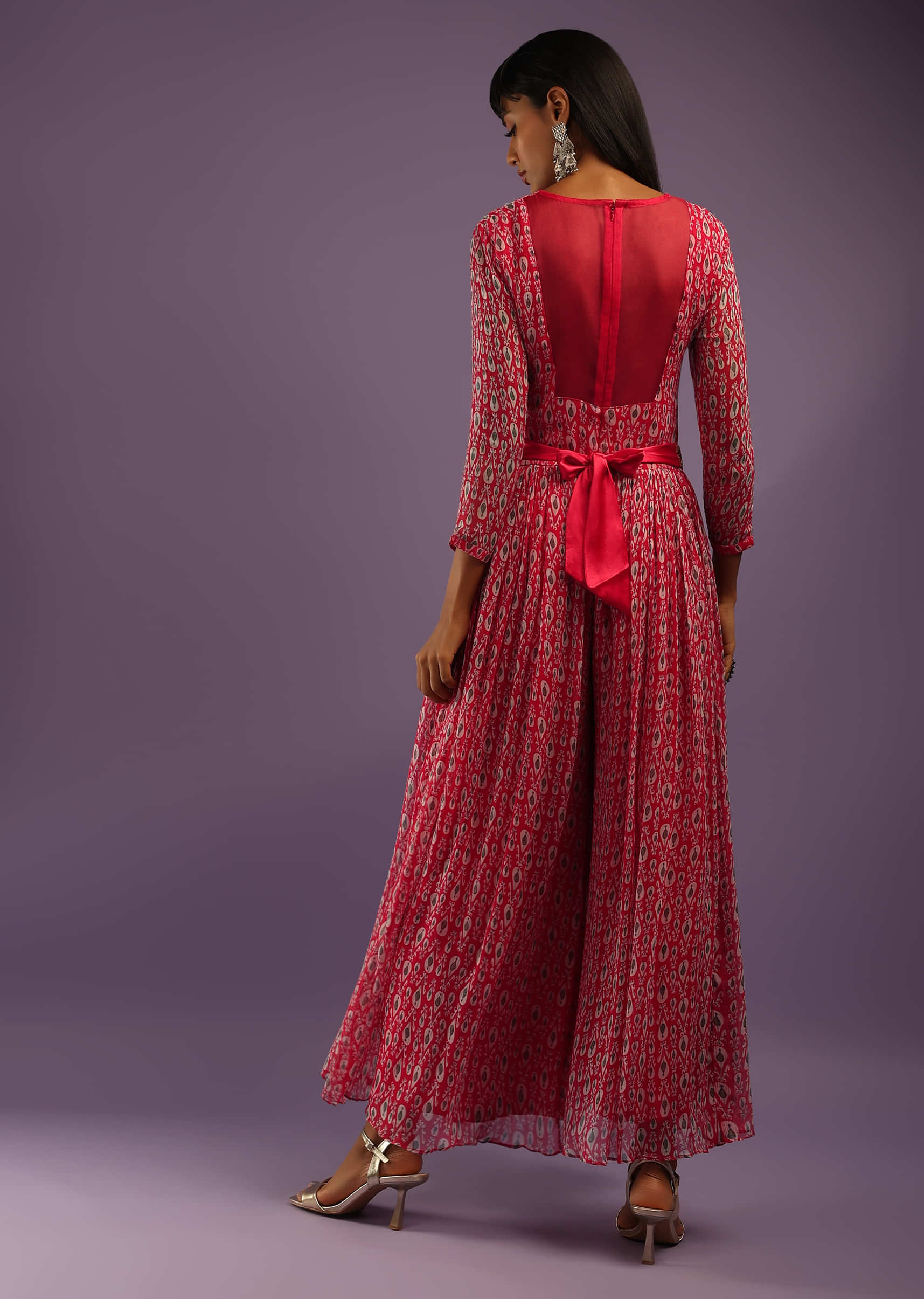 Barberry Red Jumpsuit In Georgette With All Over Print And Zari Highlights On The Bodice  
