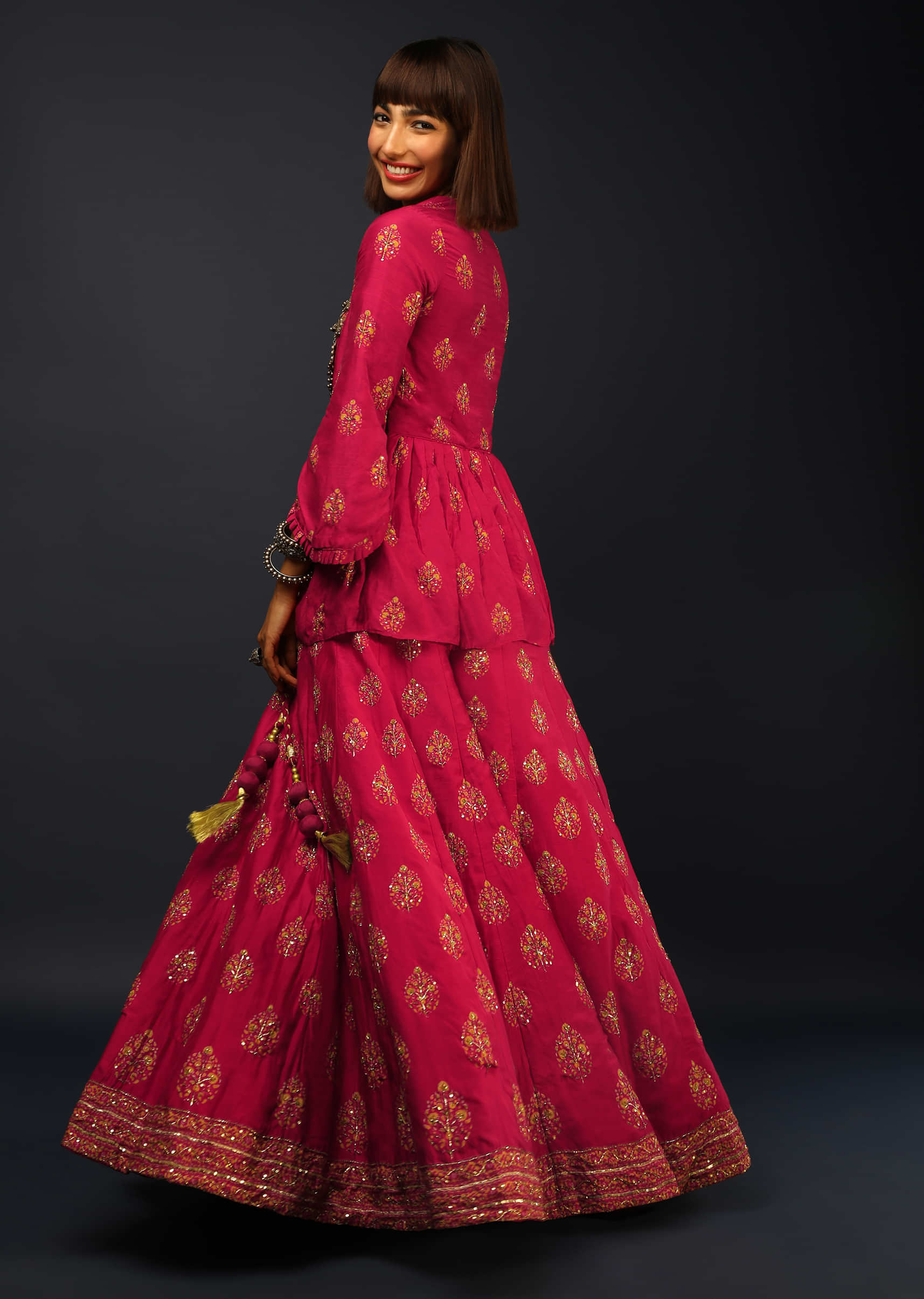 Barberry Red Lehenga In Silk With Printed Leaf Shaped Buttis And Peplum Top 