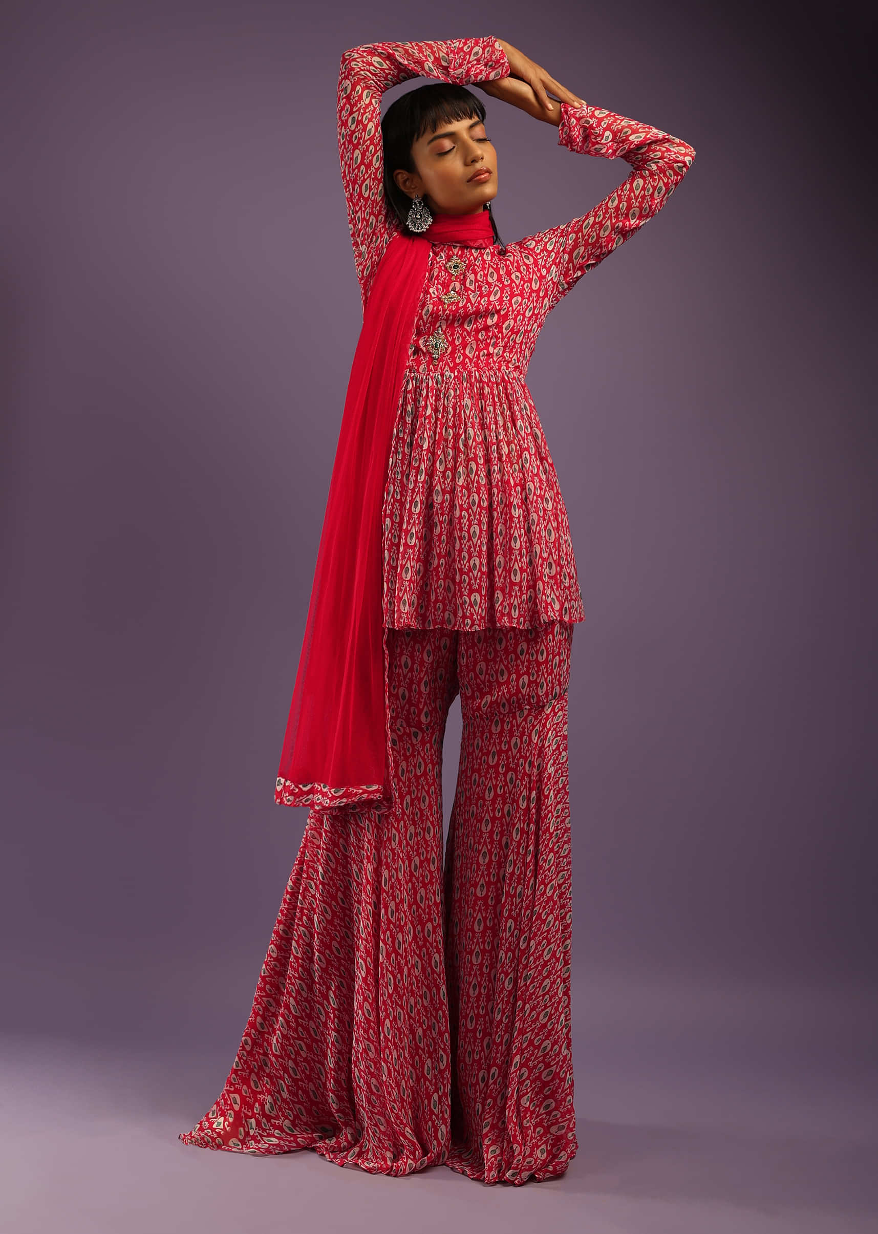 Barberry Red Sharara Suit In Georgette With All Over Print And Churidar Sleeves  