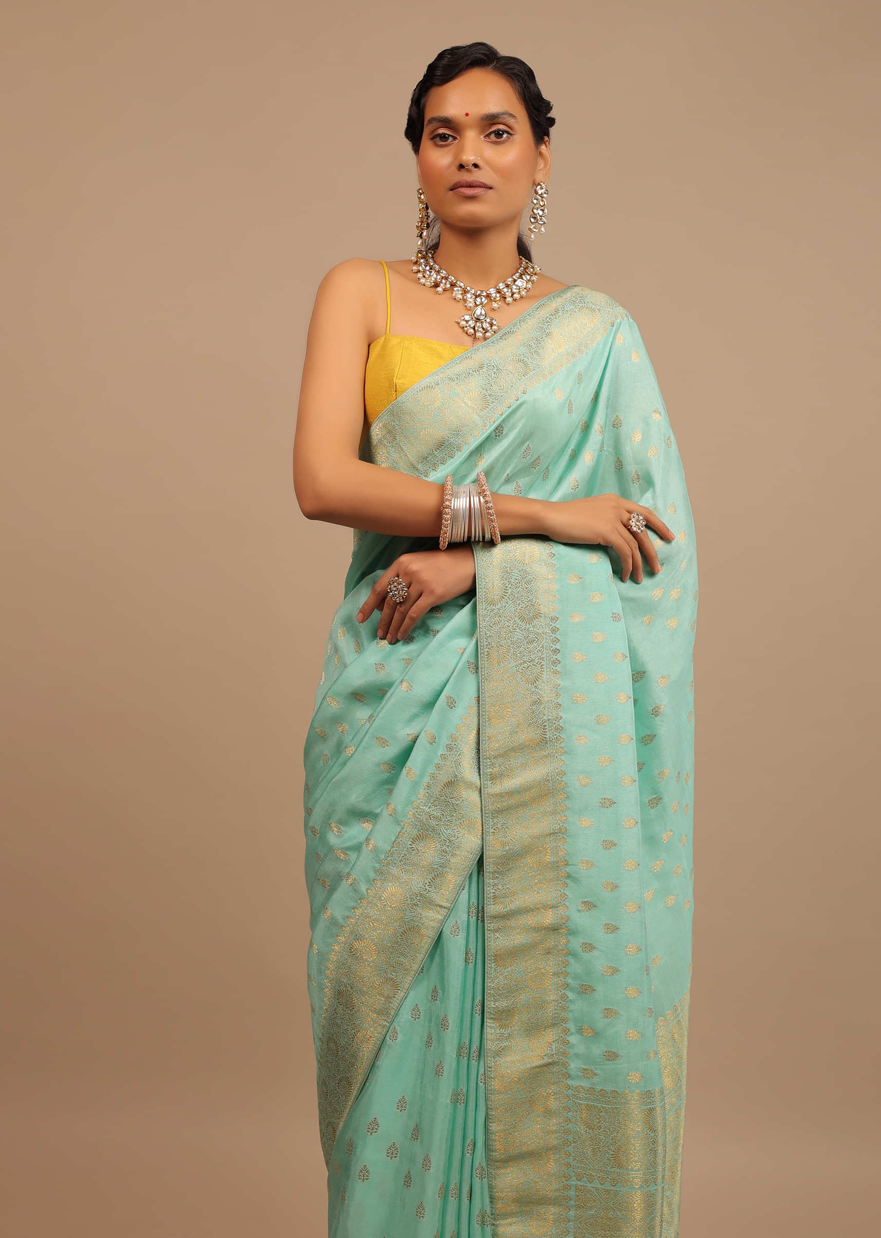 Sky Blue Saree In Dola Silk With Woven Leaf Buttis And Moroccan Weave On Pallu