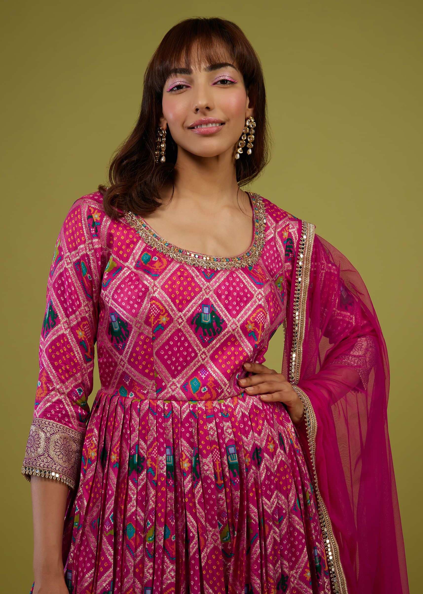 Hot Pink Silk Anarkali Suit With Banarasi Zari Border