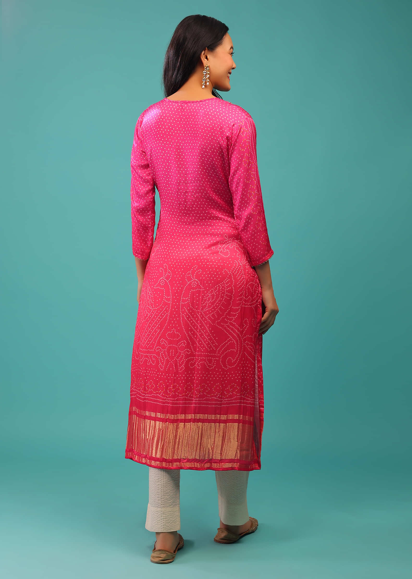 Hot Pink Kurti With Brocade Border In Gold Color