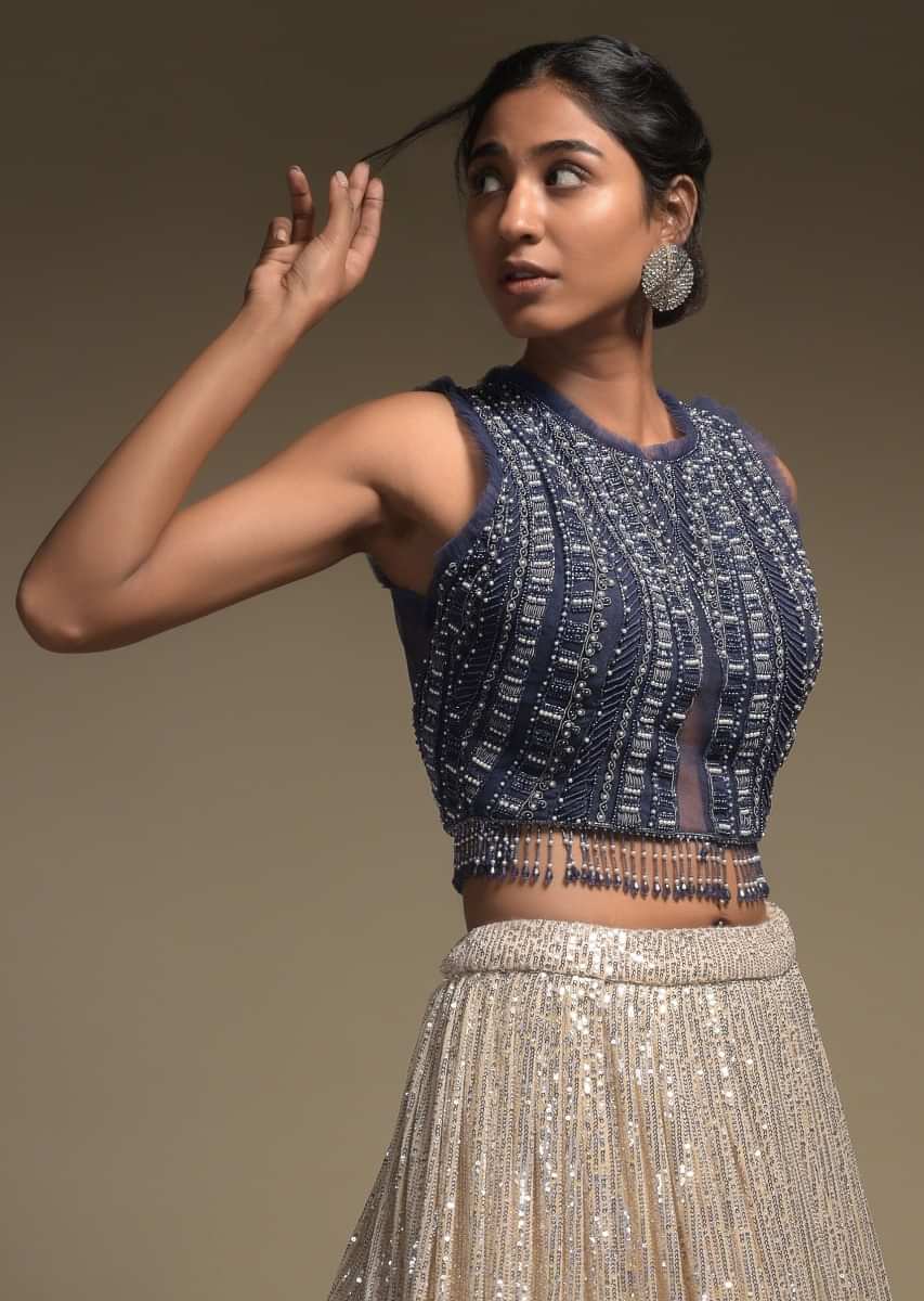 Beige And Grey Shaded Skirt In Net With Sequins Work And Embellished Sleeveless Crop Top 