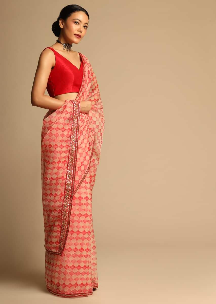 Beige And Red Saree In Organza With Jaal Print And Gotta Embroidered Pallu Border Along With Unstitched Blouse