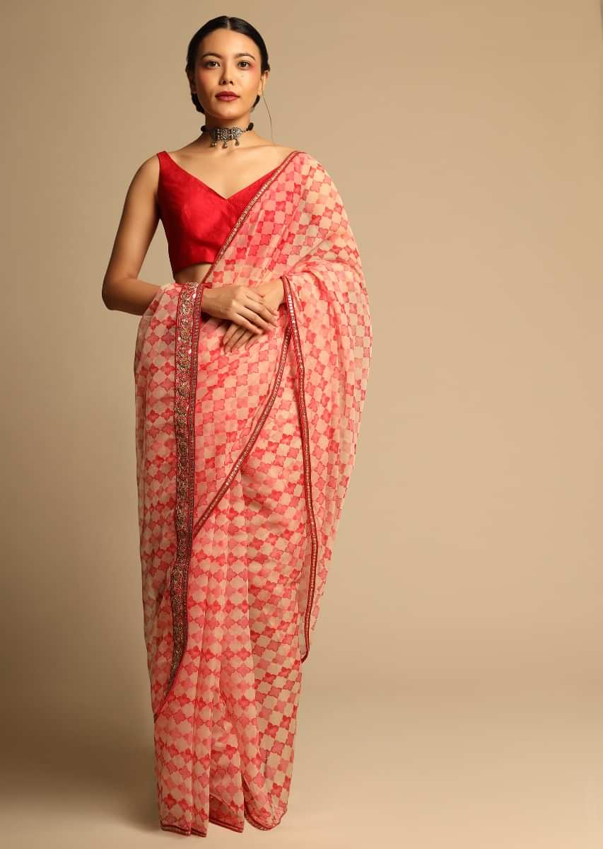 Beige And Red Saree In Organza With Jaal Print And Gotta Embroidered Pallu Border Along With Unstitched Blouse