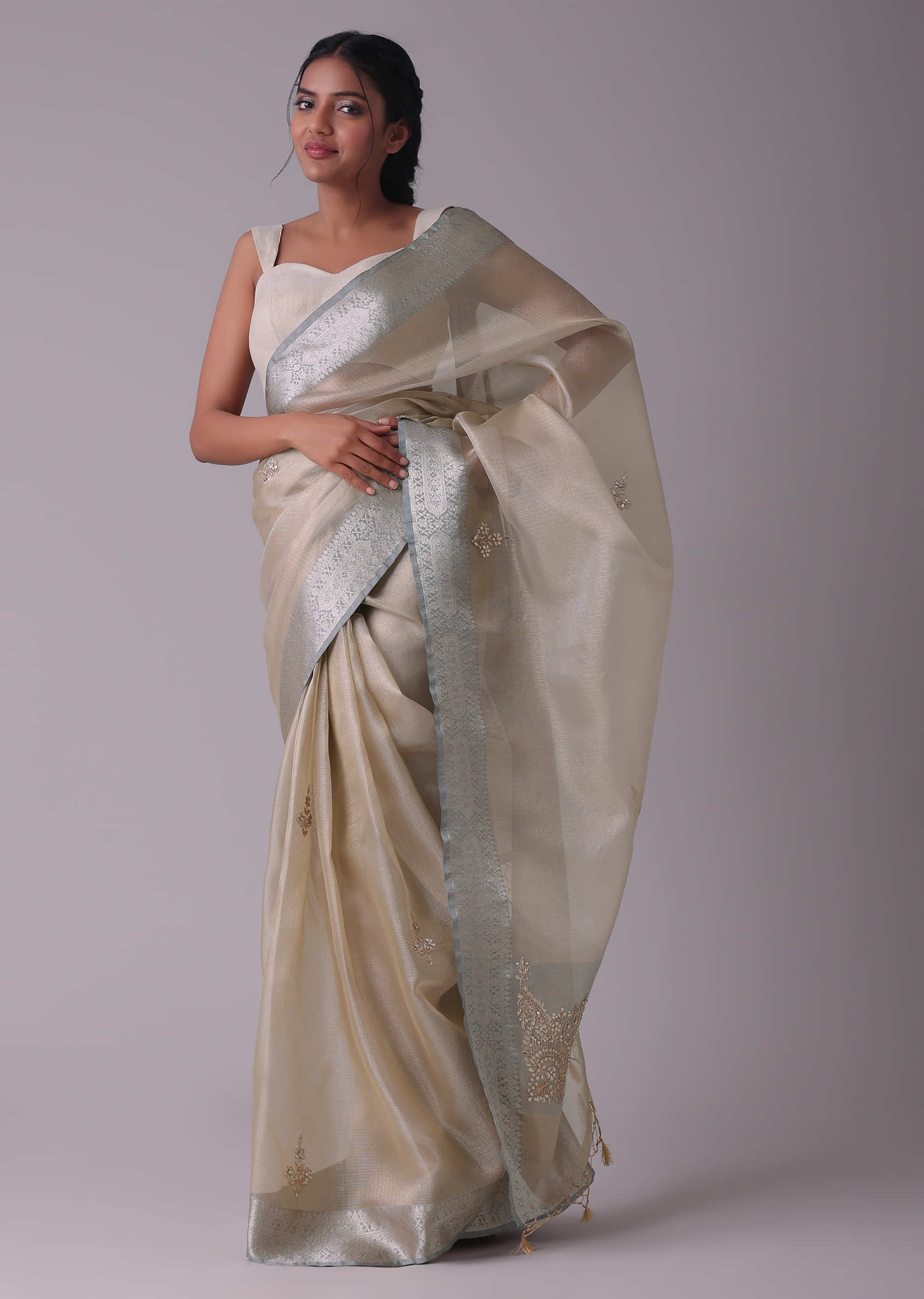 Beige And Blue Toned Glass Tissue Saree With Embroidery