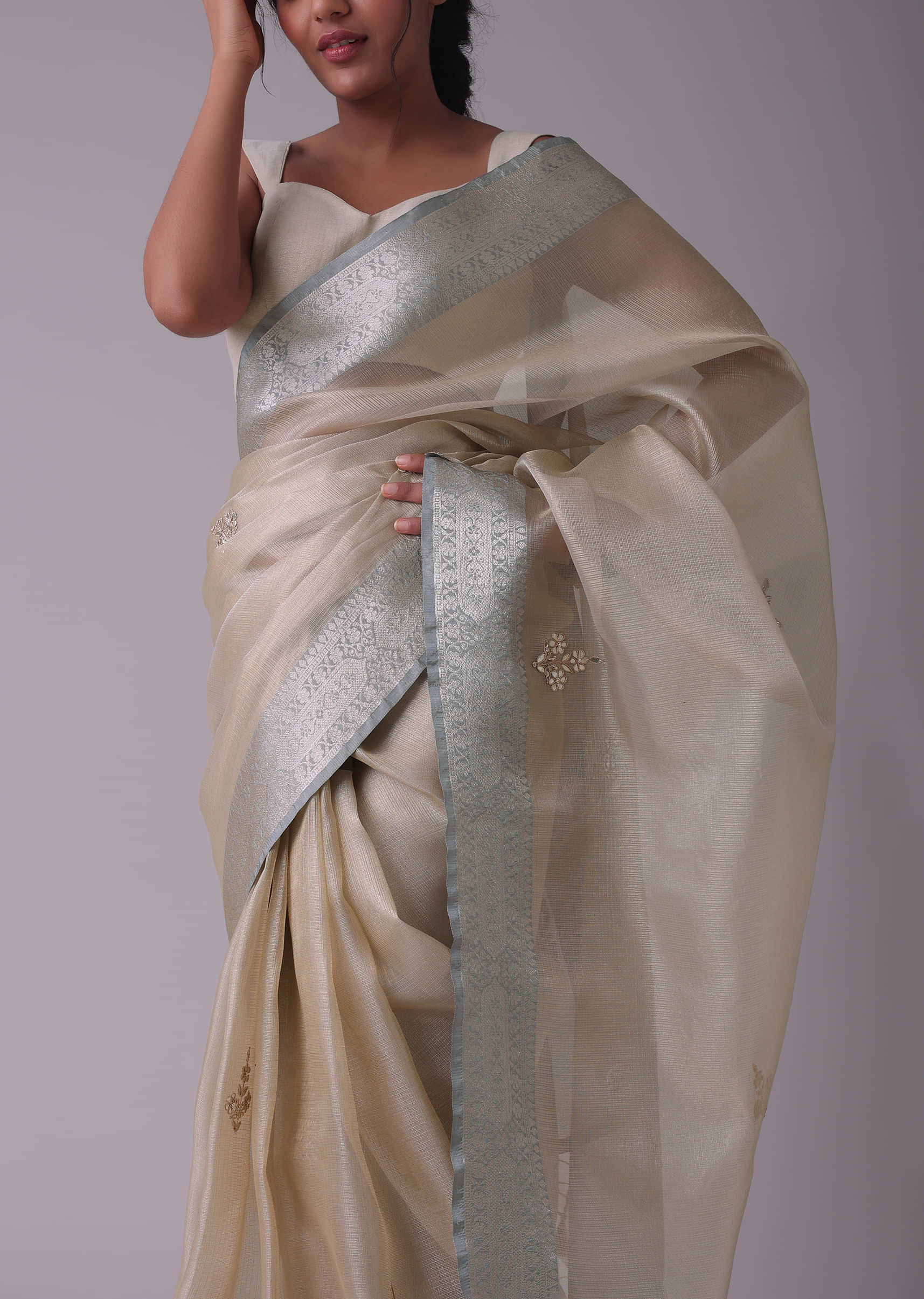 Beige And Blue Toned Glass Tissue Saree With Embroidery