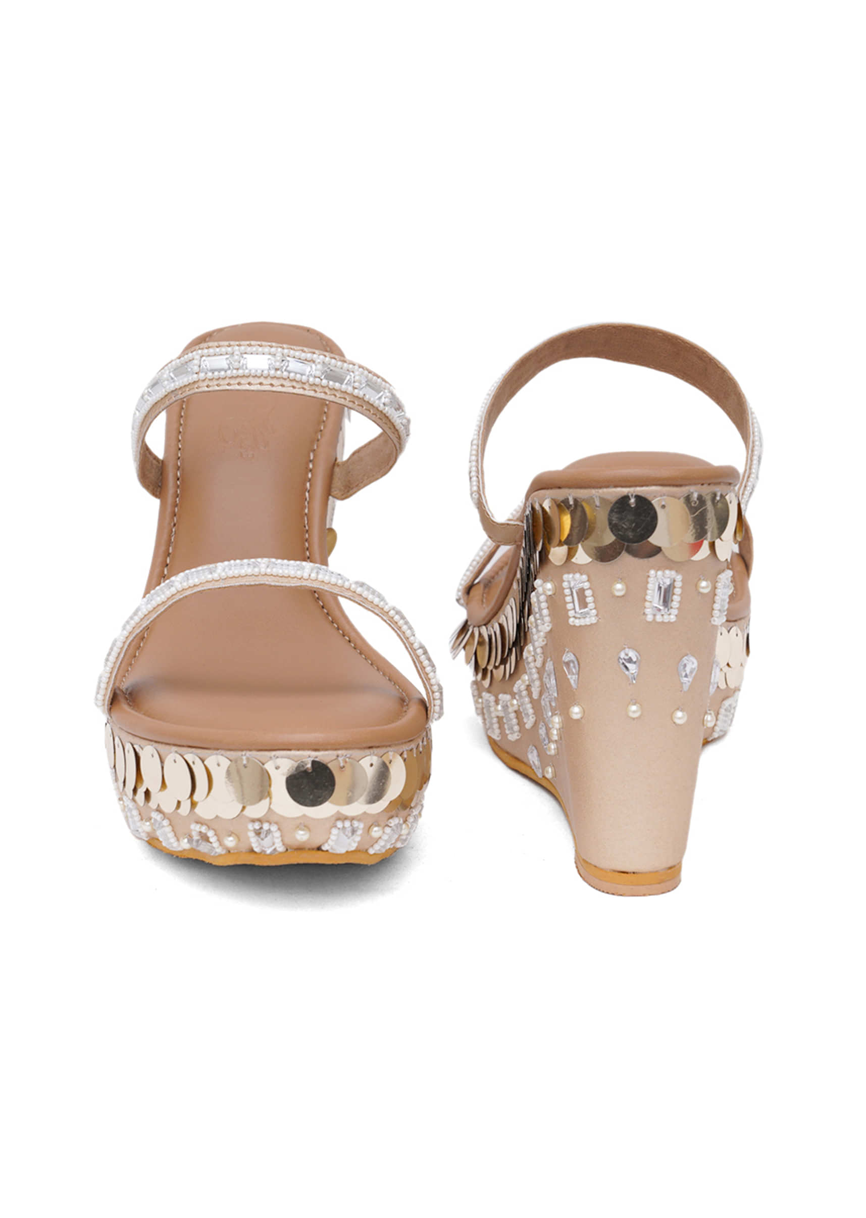 Beige Double Strap Rhinestone Wedges With Pearl Bead Embroidery