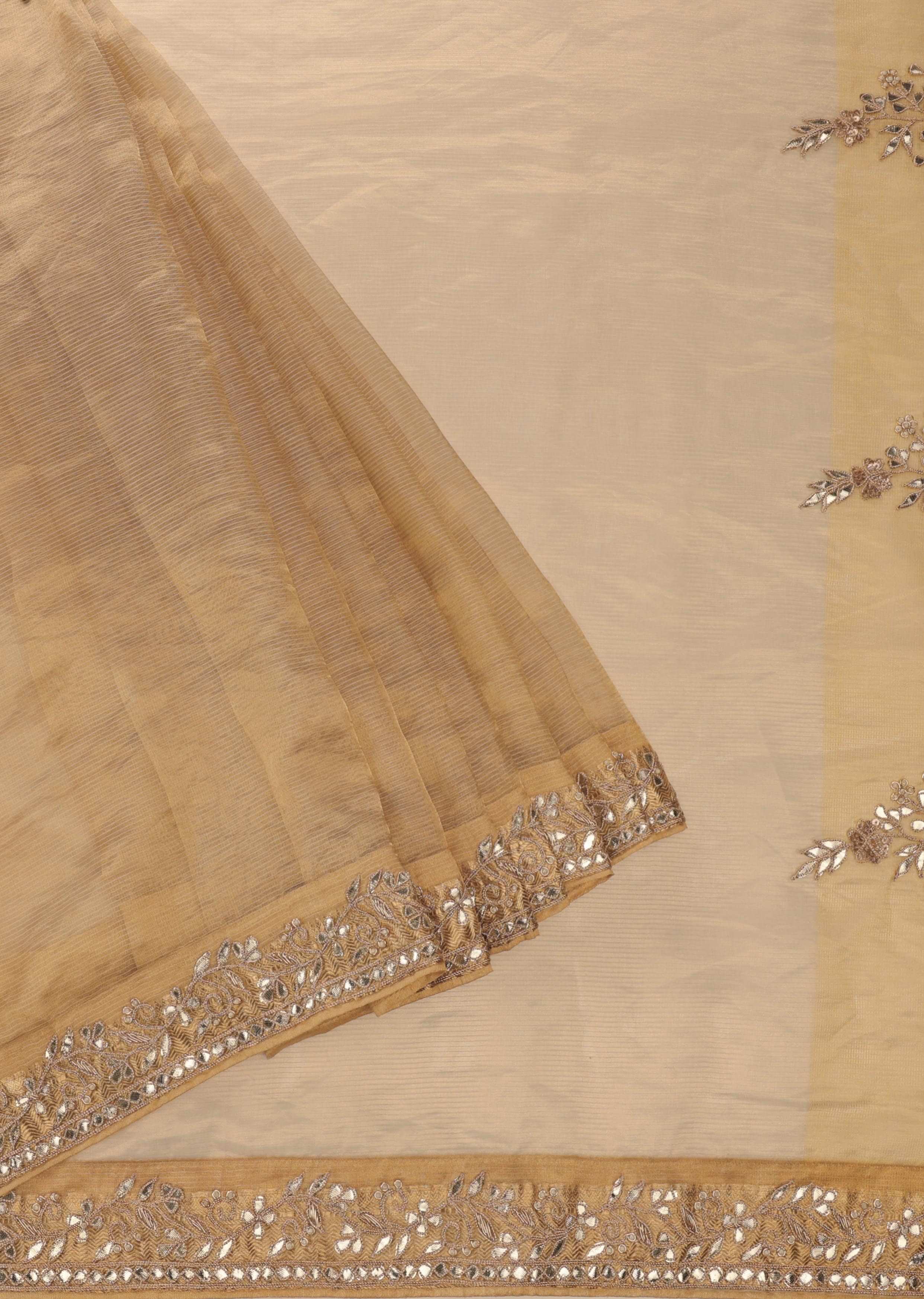 Beige Embroidered Banarasi Saree In Organza Tissue With Gota Patti Embroidery