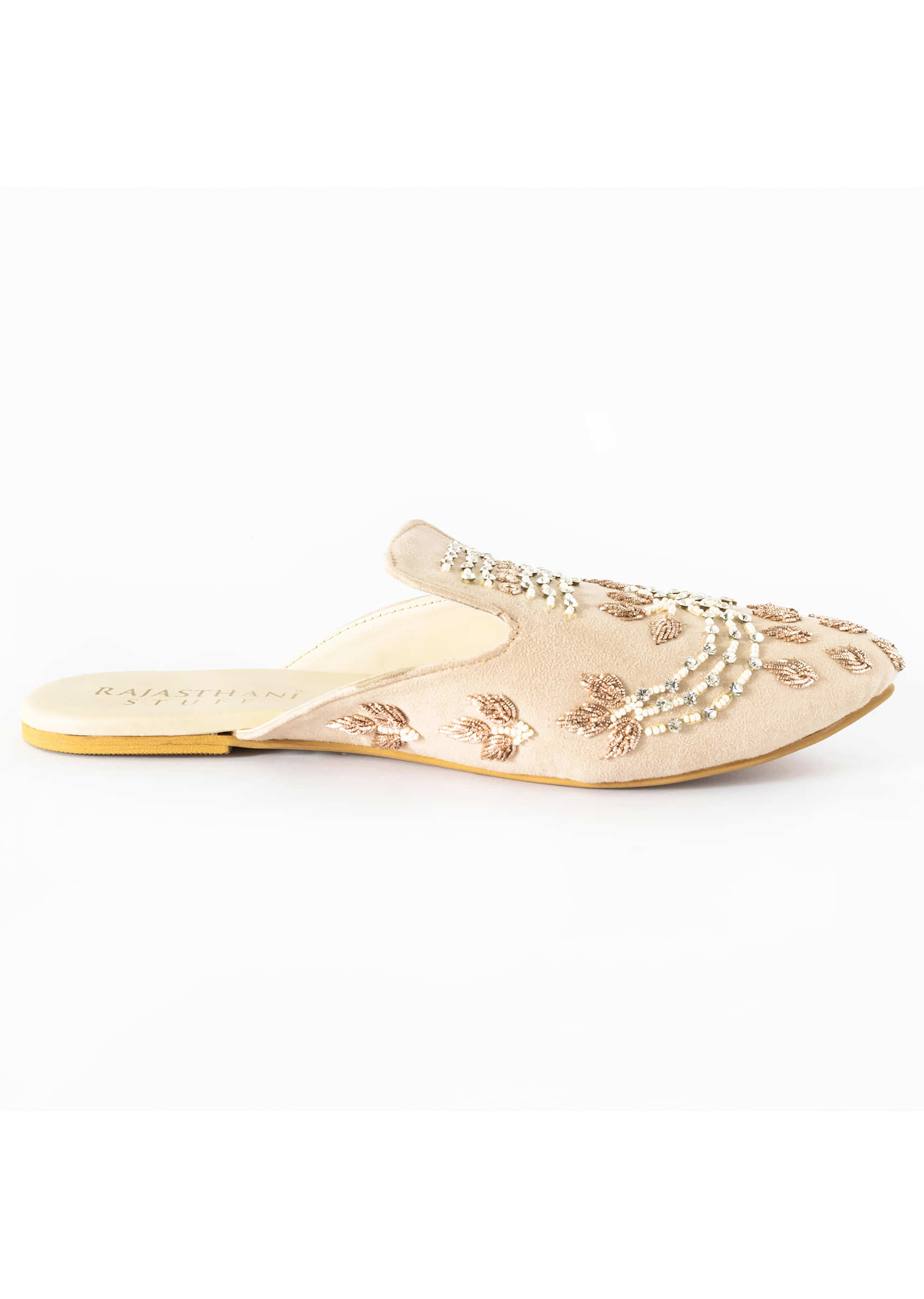 Beige White Embroidered Mules In Suede With Zari And Beads Work