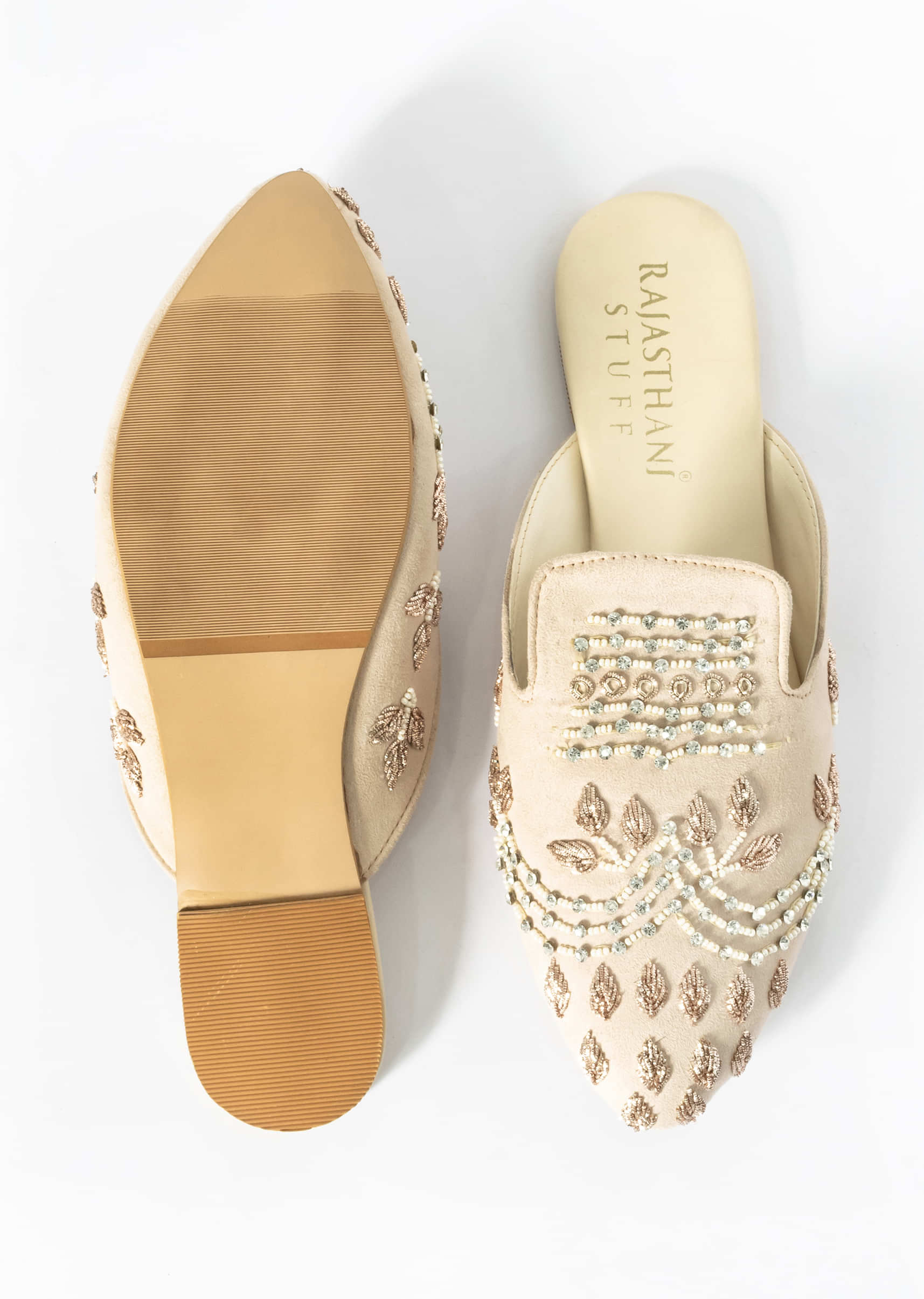 Beige White Embroidered Mules In Suede With Zari And Beads Work