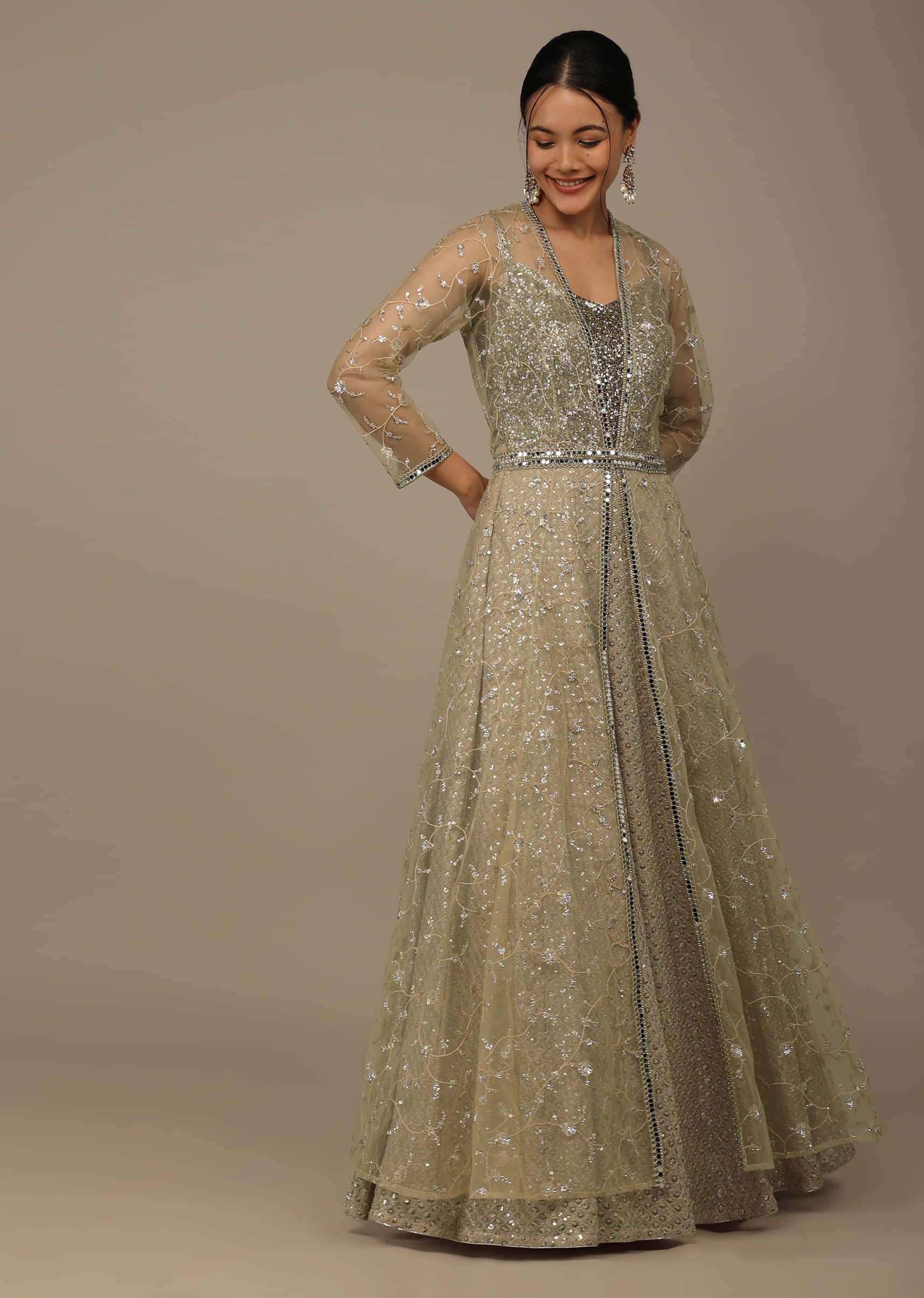 Beige Festive Embroidered Suit Set In Georgette With Net Jacket And Waistbelt