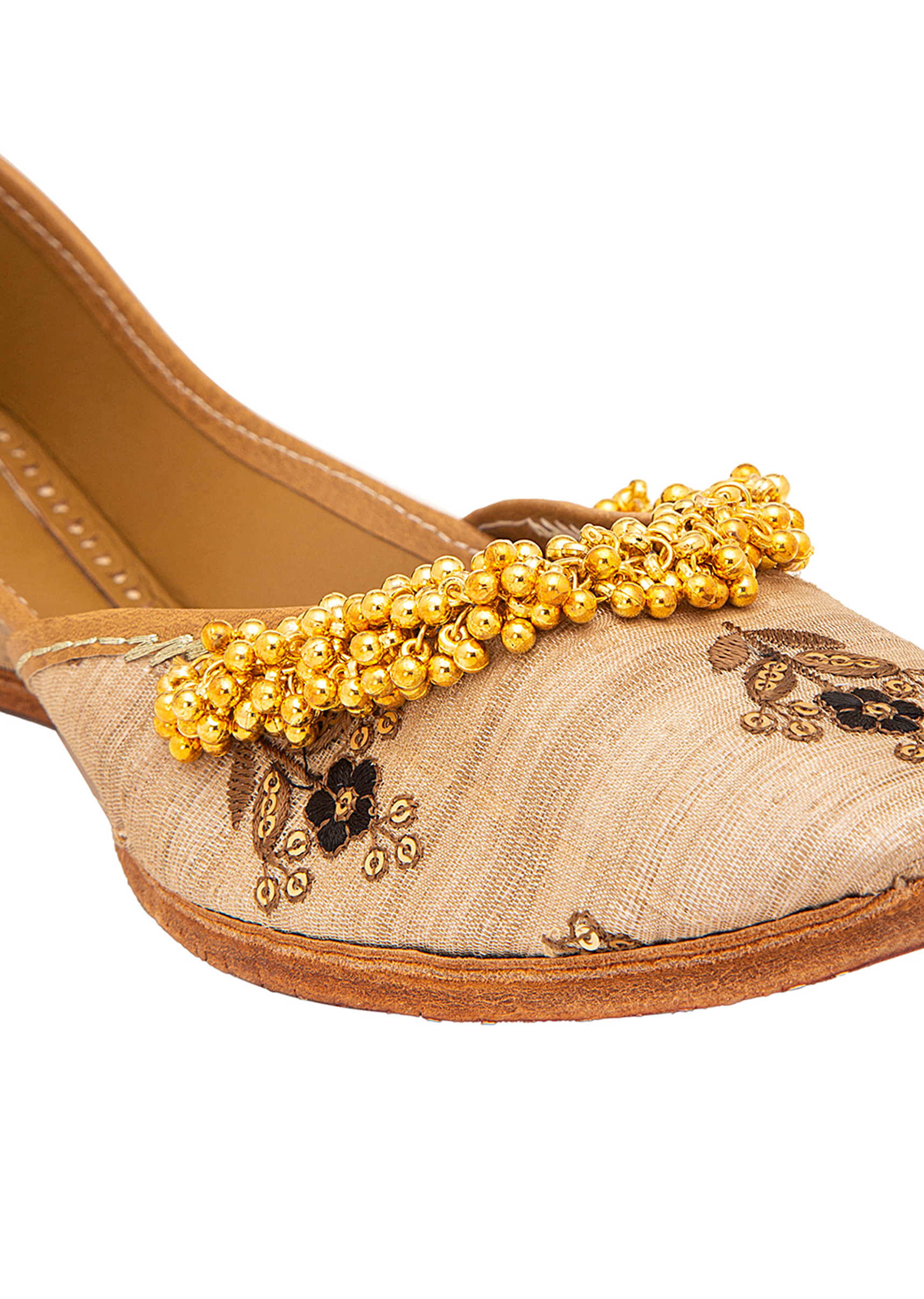 Beige Floral Print Juttis With Ghungroos And Leather Underlining