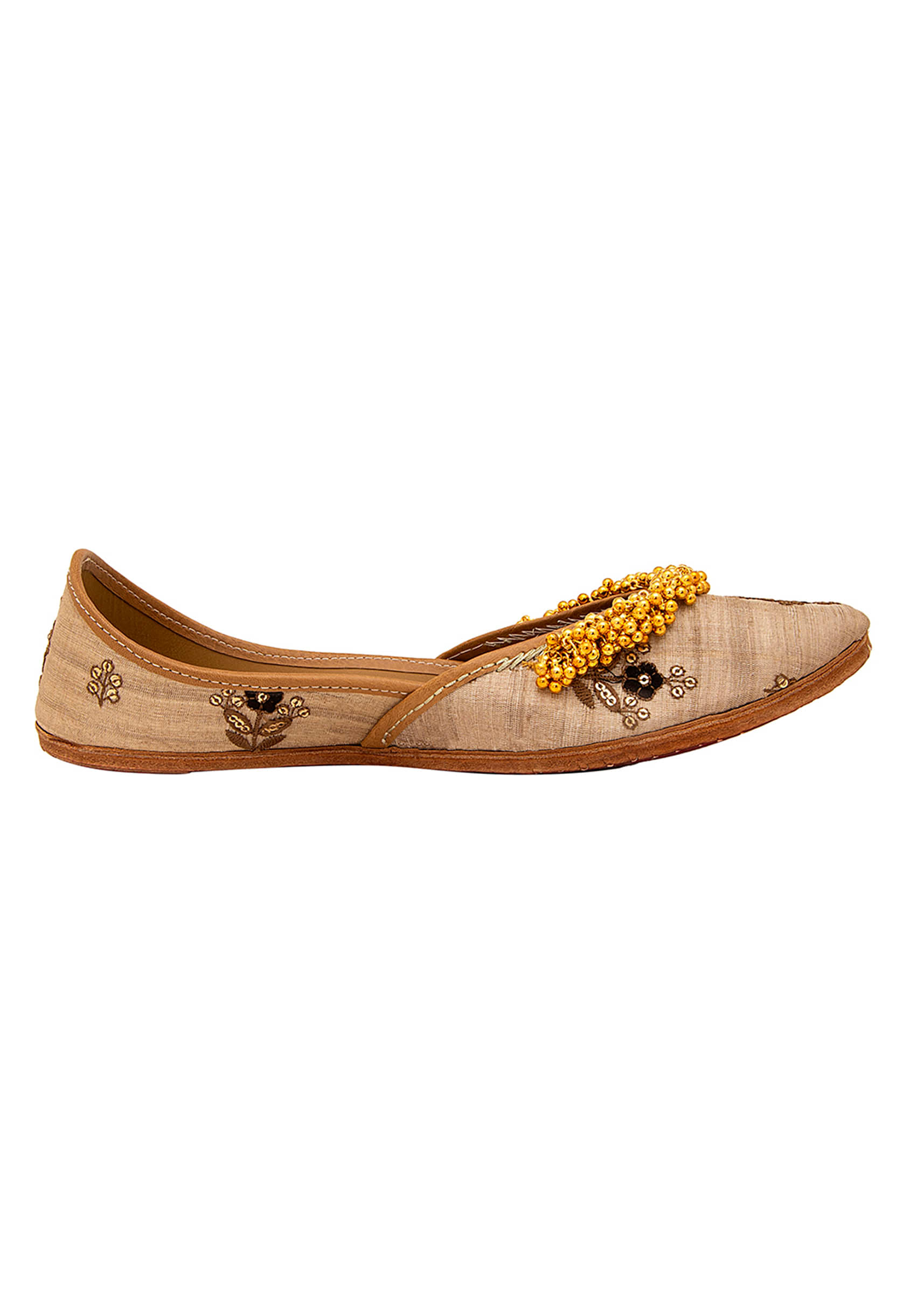 Beige Floral Print Juttis With Ghungroos And Leather Underlining