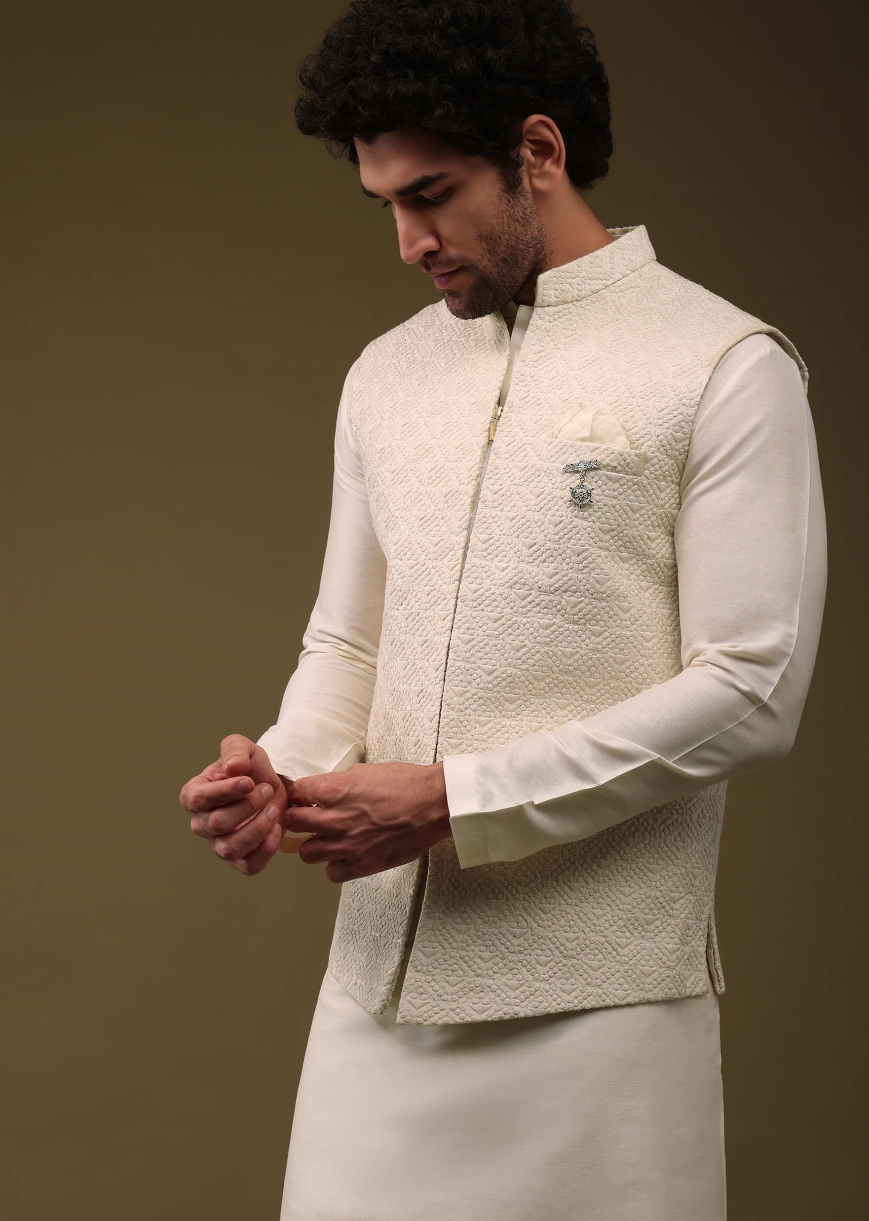 Beige White Festive Textured Bandi Jacket Set In Art Silk With Thread Embroidery And Front Zip